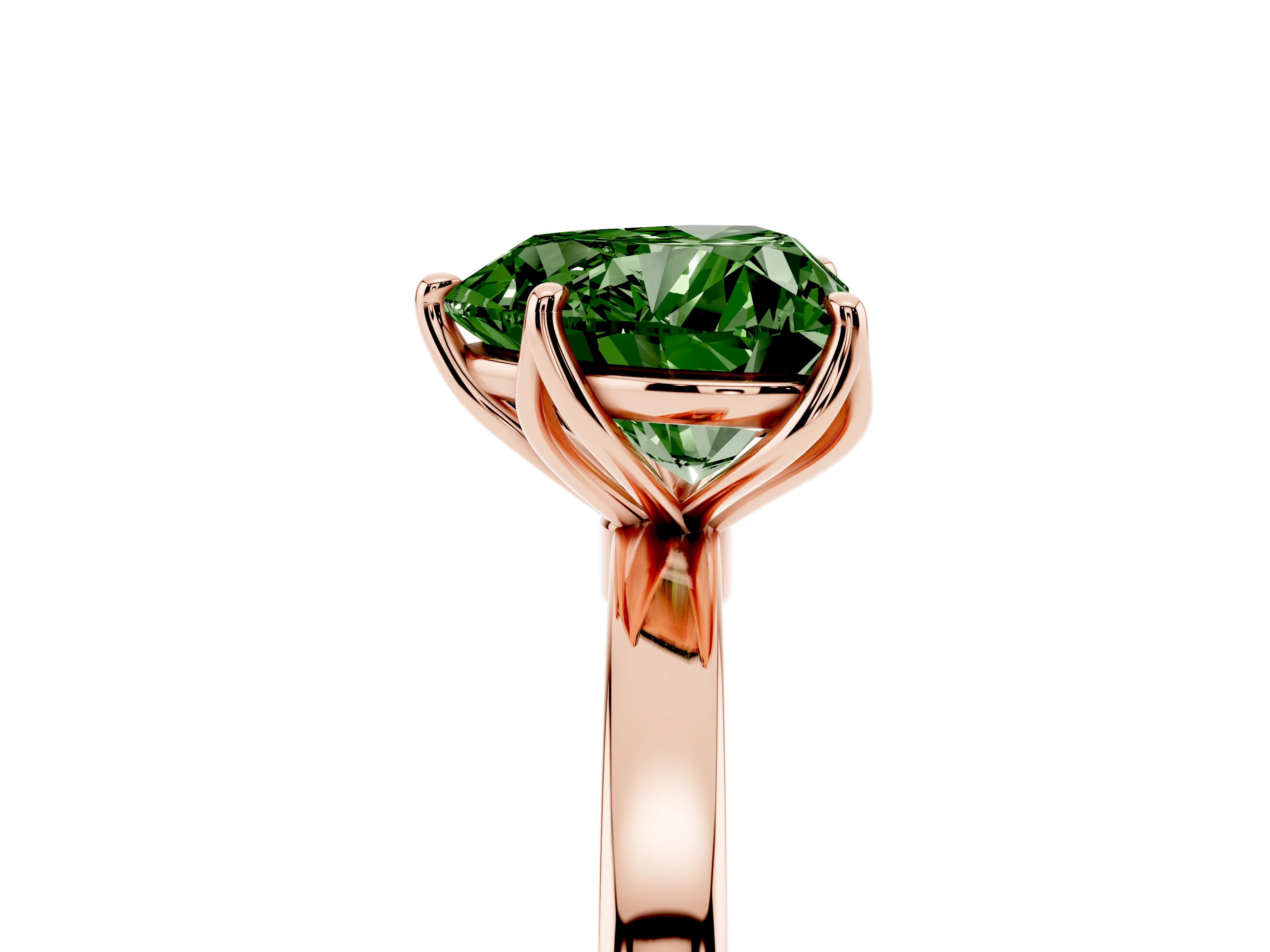 Fancy Green Heart Cut Diamond Solitaire Ring Set in Rose gold with Prong Setting and Thin Polished Band