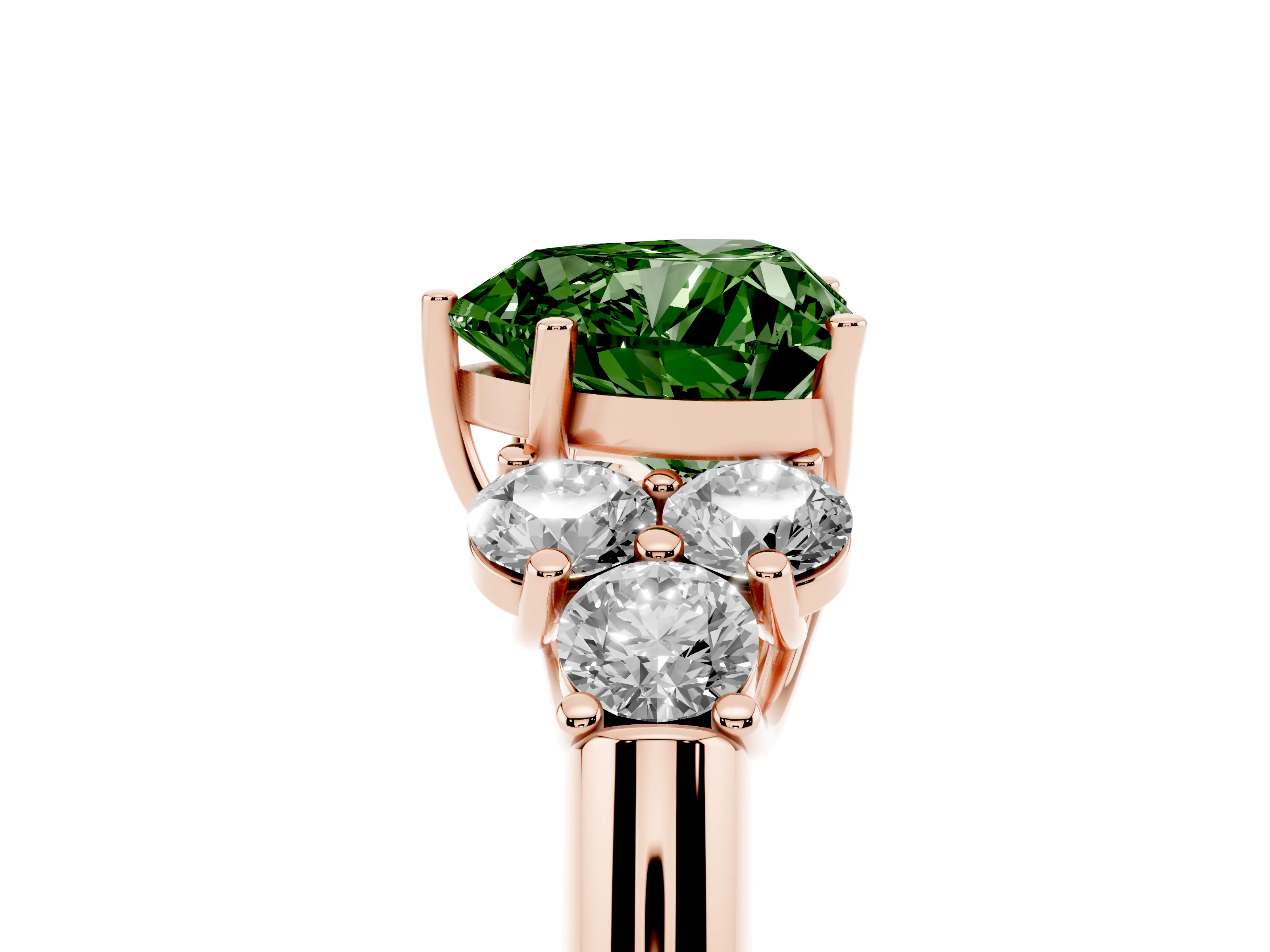 Fancy Green Heart Cut Diamond Cluster Ring Set in Rose gold with Round Accent Stones and Prong Setting on a Plain Band