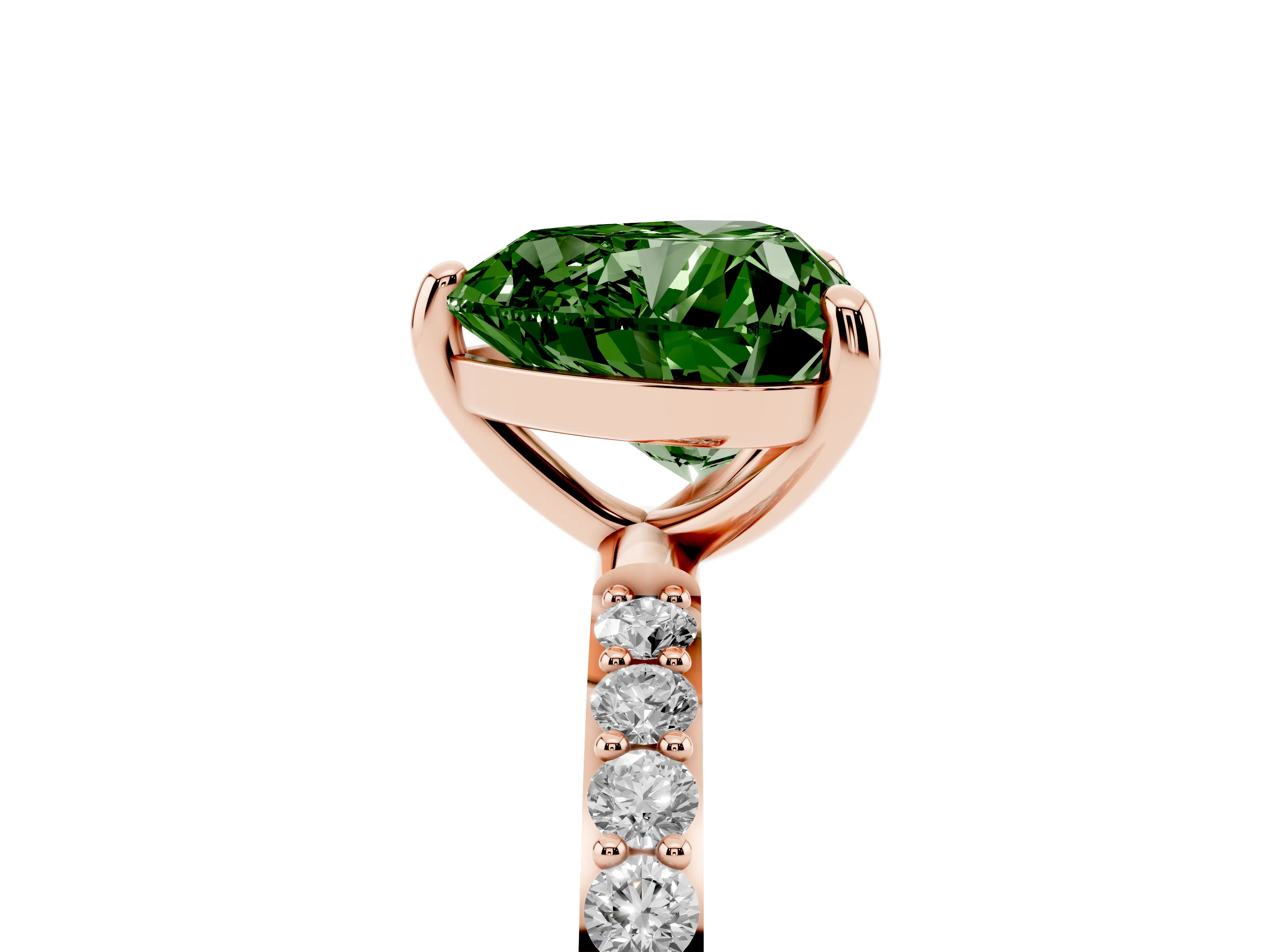 Fancy Green Heart Cut Diamond Solitaire Ring Set in Rose gold with Round Pavé Band and Prong Setting