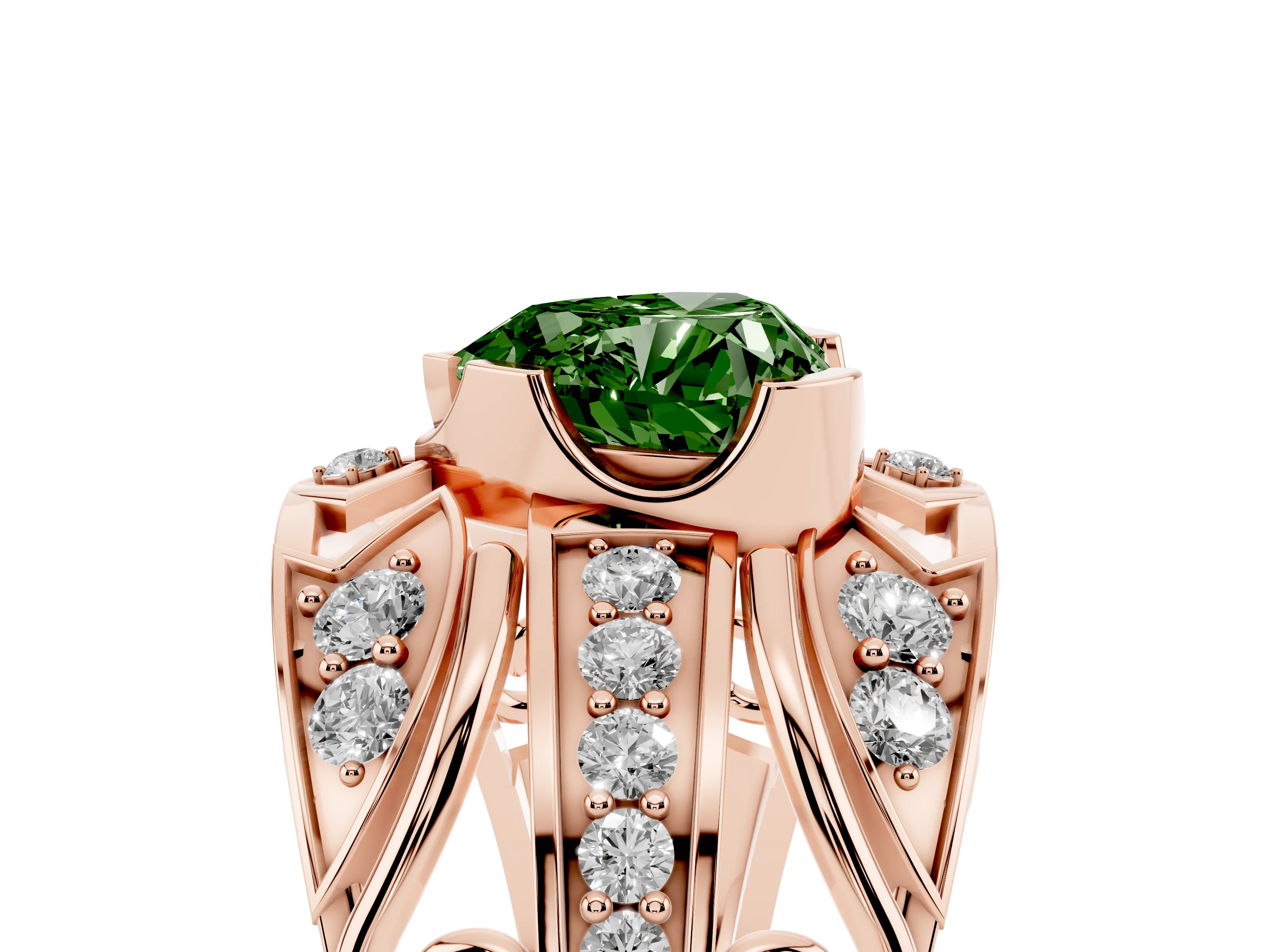 Fancy Green Heart Cut Diamond Art Deco Ring Set in Rose gold with Pavé Split Shank