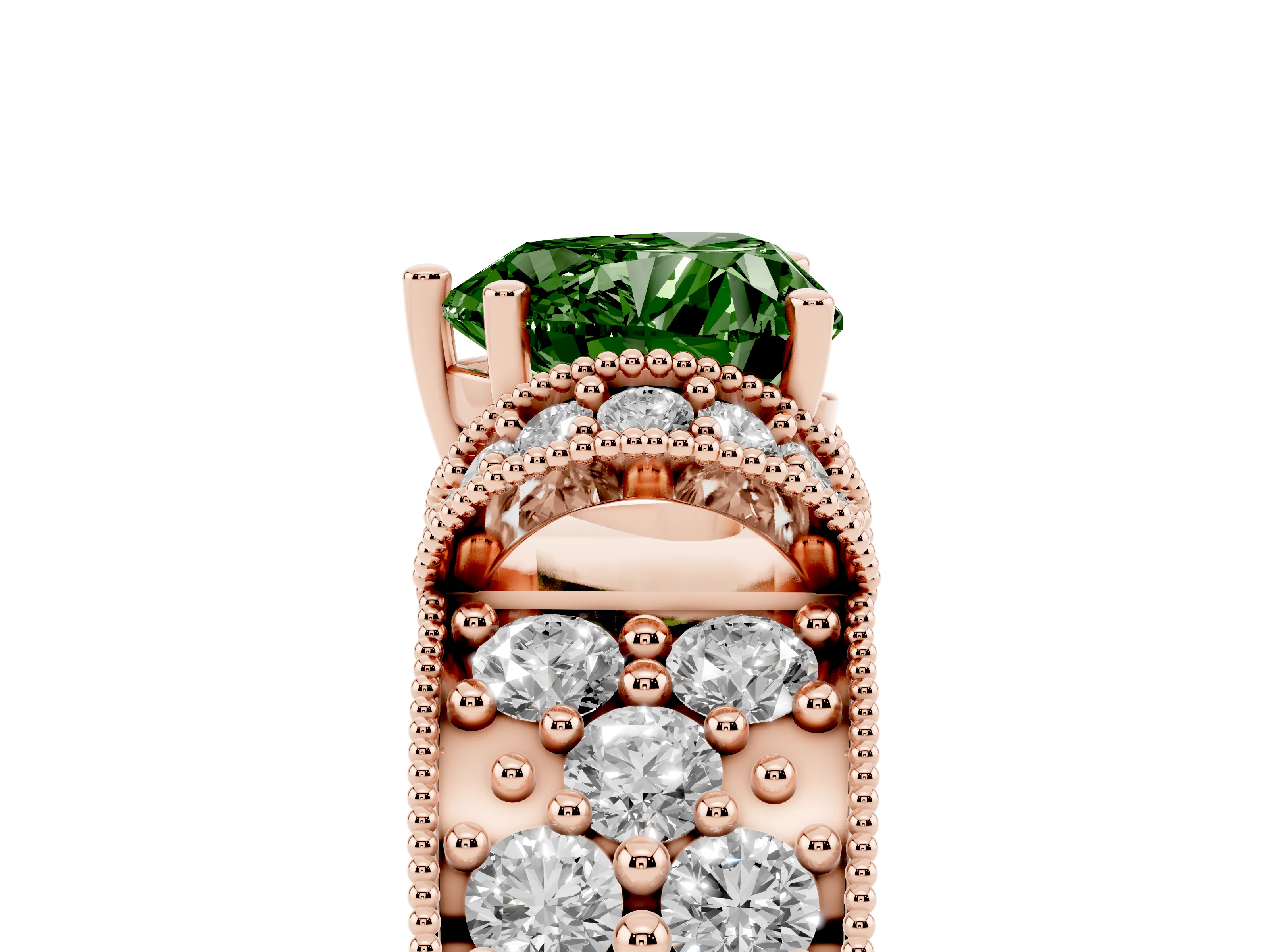 Fancy Green Heart Cut Diamond Milgrain Halo Pavé Engagement Ring Set in Rose gold with Prong Setting
