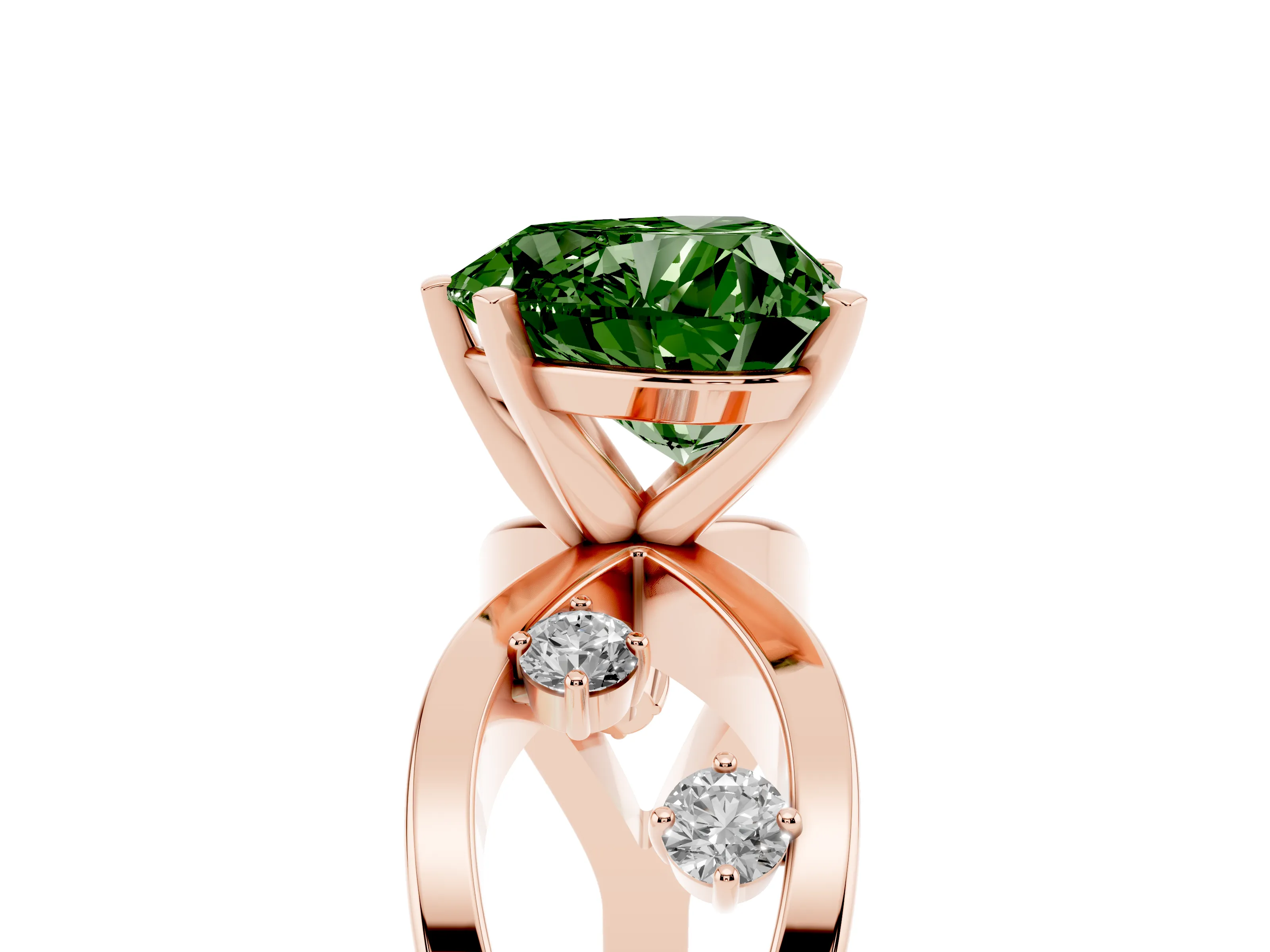 Fancy Green Heart Cut Diamond Solitaire Ring Set in Rose gold with Side Stones on Criss-Cross Band and Prong Setting