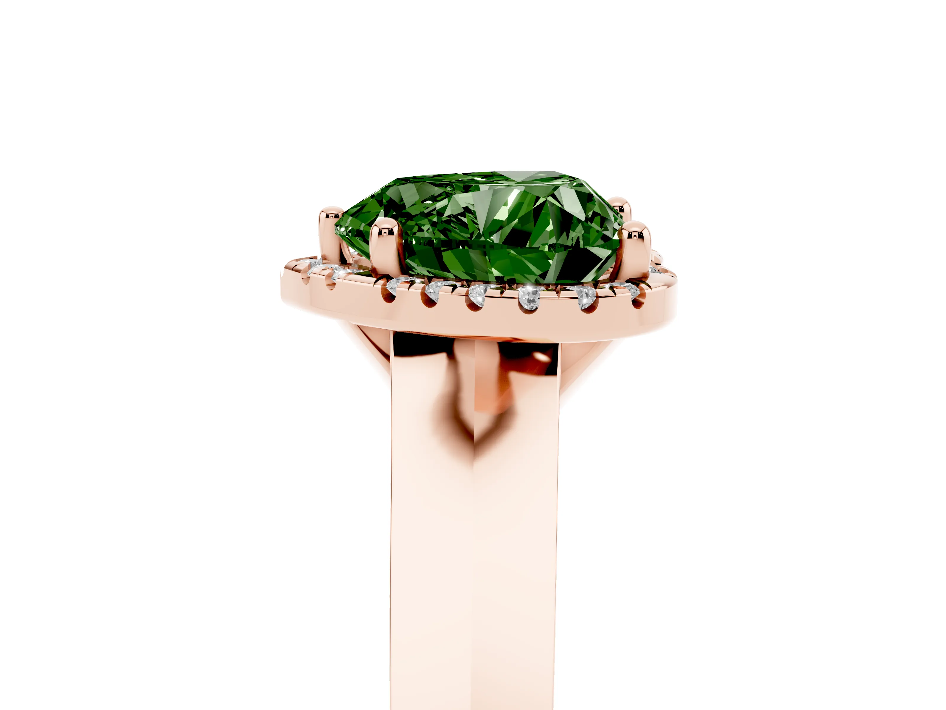 Fancy Green Heart Cut Diamond Halo Ring Set in Rose gold with Cathedral Band and Prong Setting