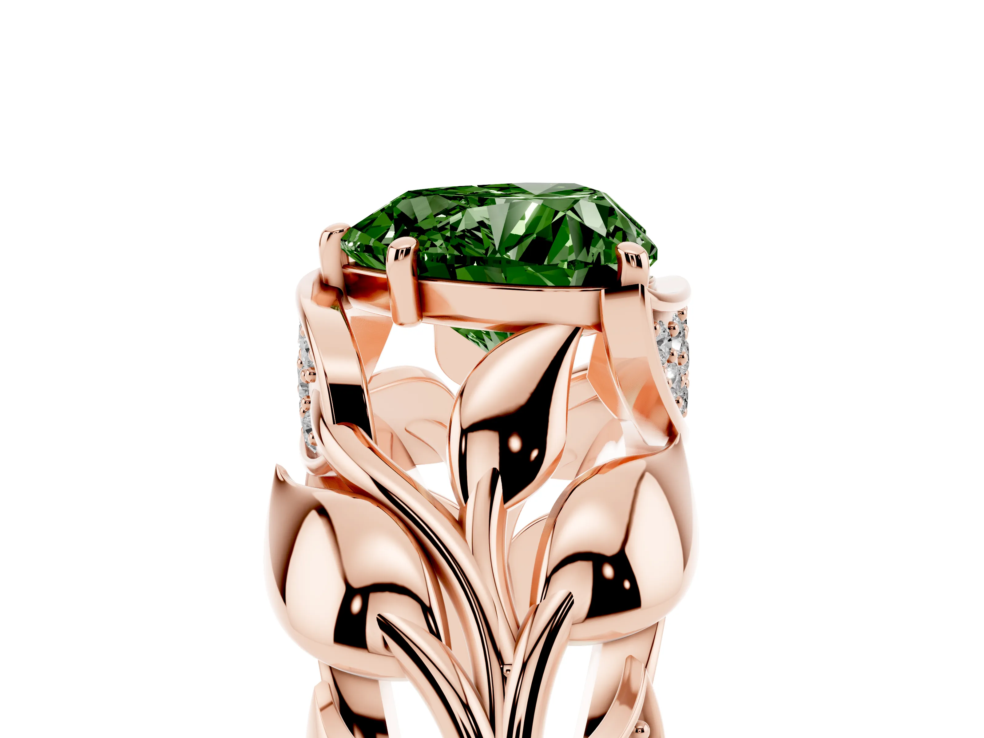 Fancy Green Heart Cut Diamond Leaf-Inspired Engagement Ring Set in Rose gold with Round Accents