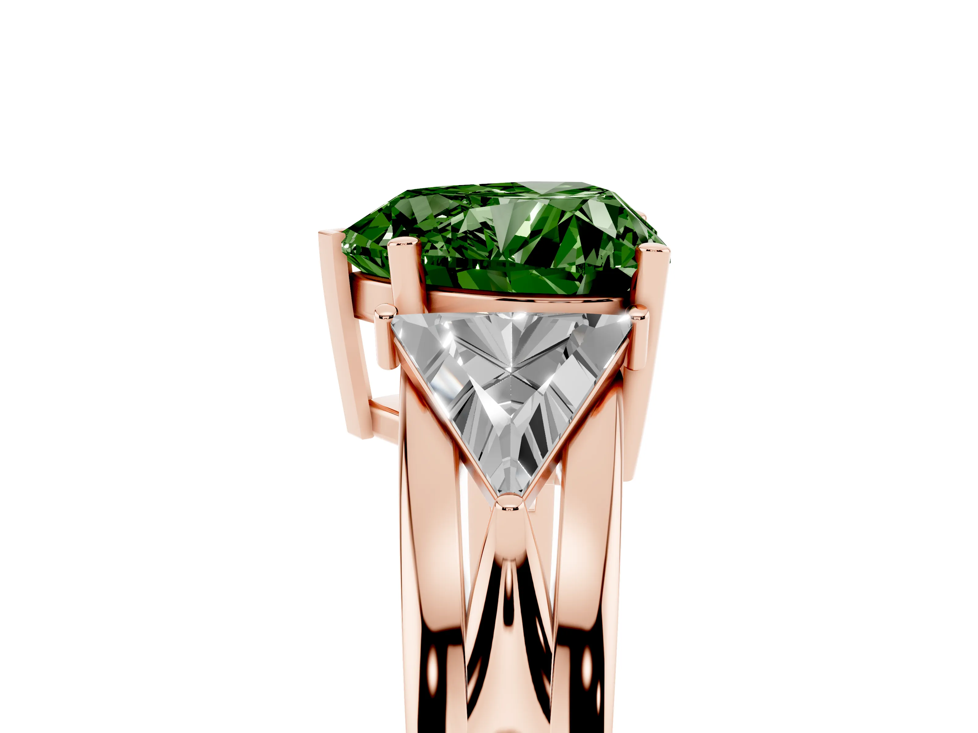 Fancy Green Heart Cut Diamond Three-Stone Ring Set in Rose gold with Trillion Side Stones and Split Shank