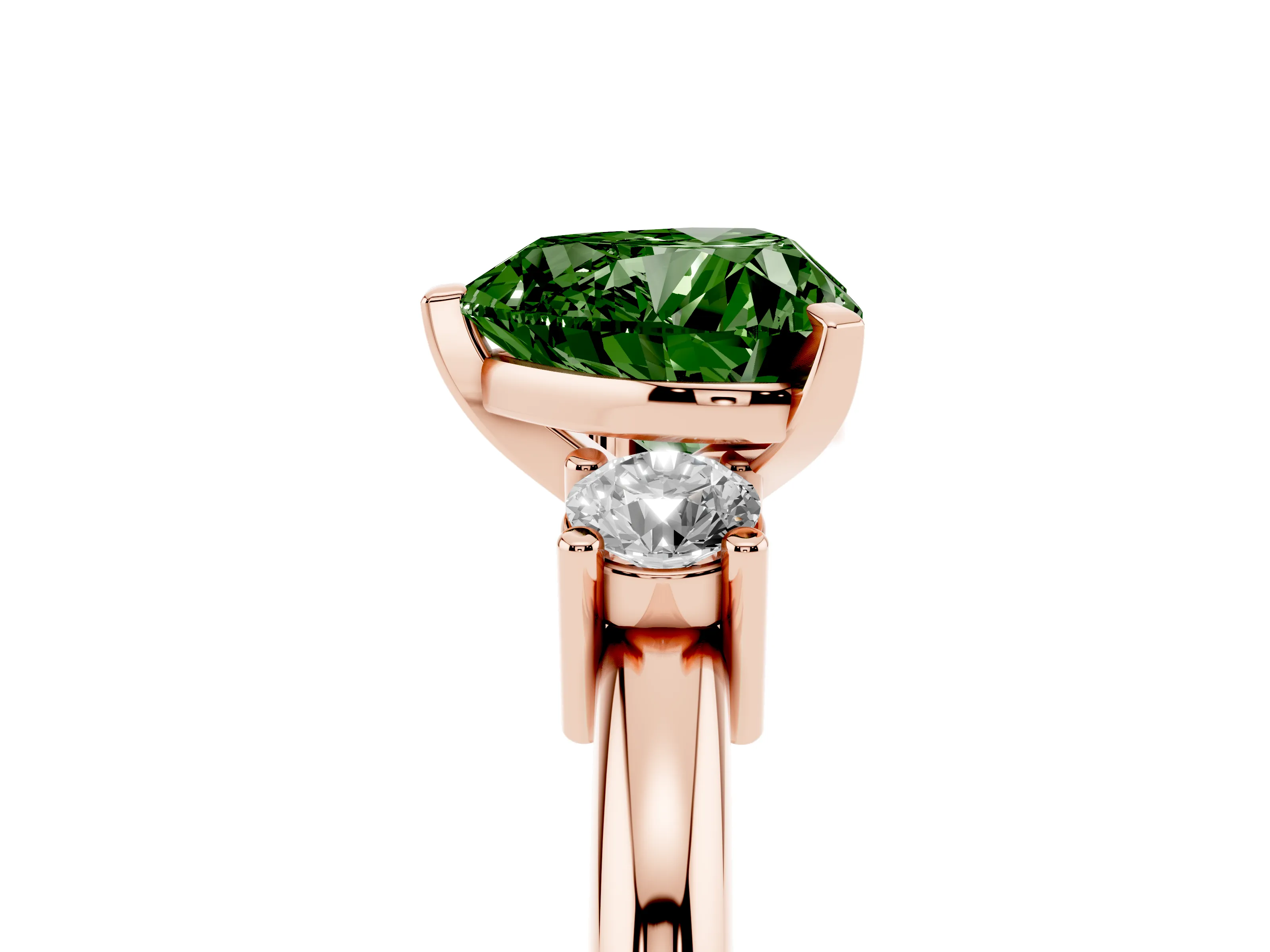 Fancy Green Three-Stone Heart Cut Diamond Ring Set in Rose gold with Prong Setting and Plain Band