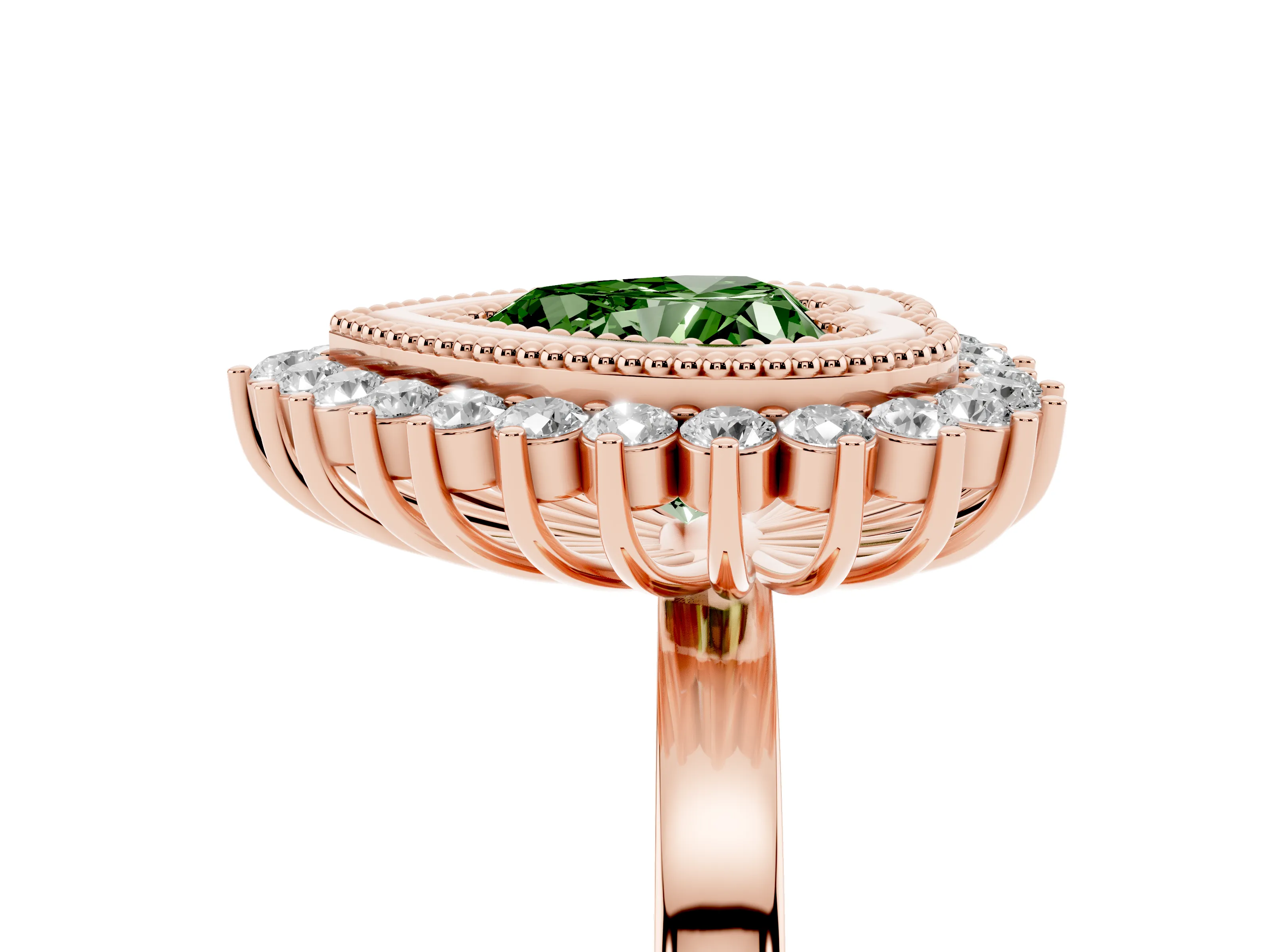 Fancy Green Heart Cut Diamond Halo Ring Set in Rose gold with Milgrain Edge and Round Prong Setting