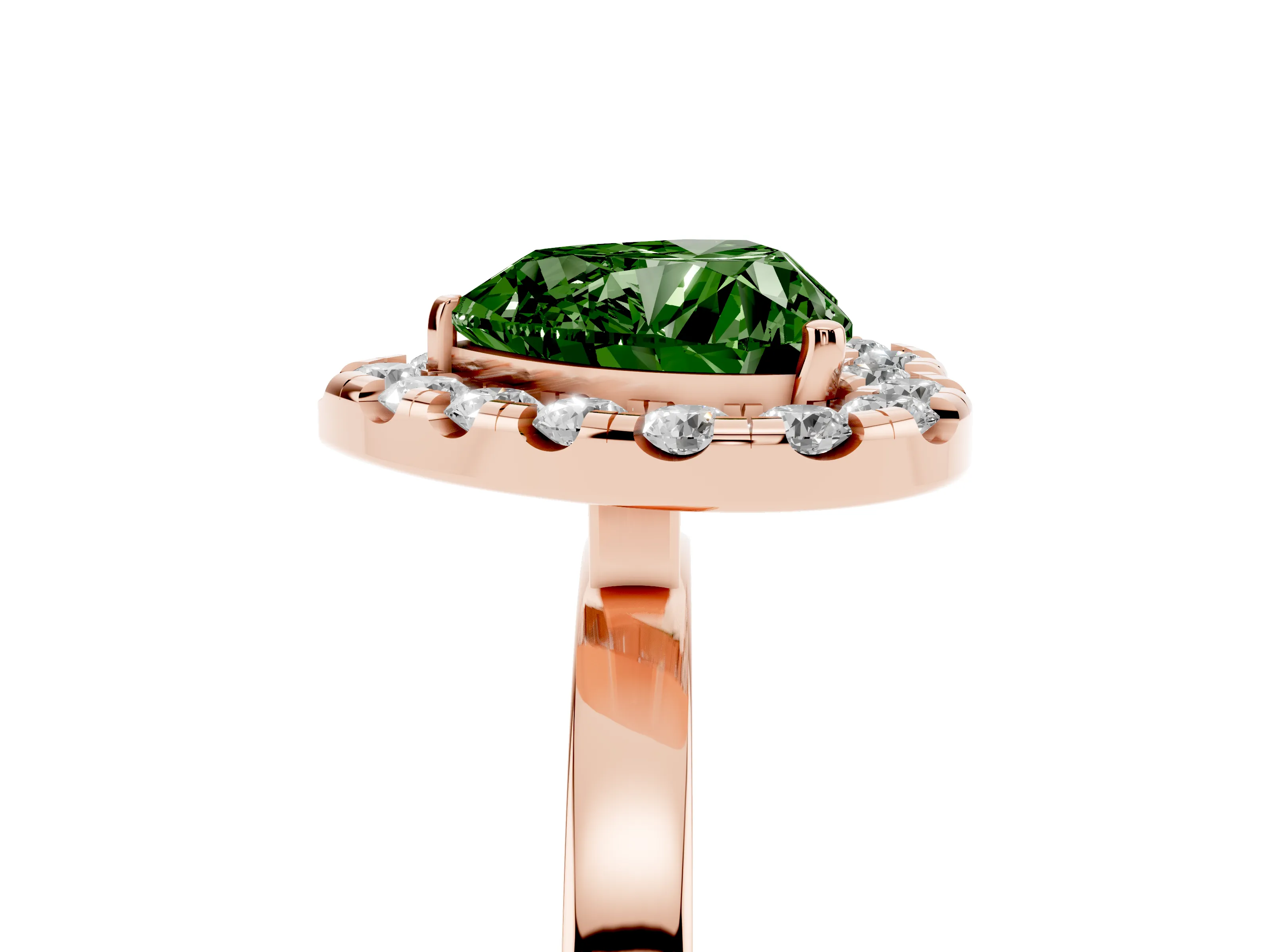 Fancy Green Heart Cut Diamond Halo Solitaire Ring Set in Rose gold with Pavé Band and Prong Setting