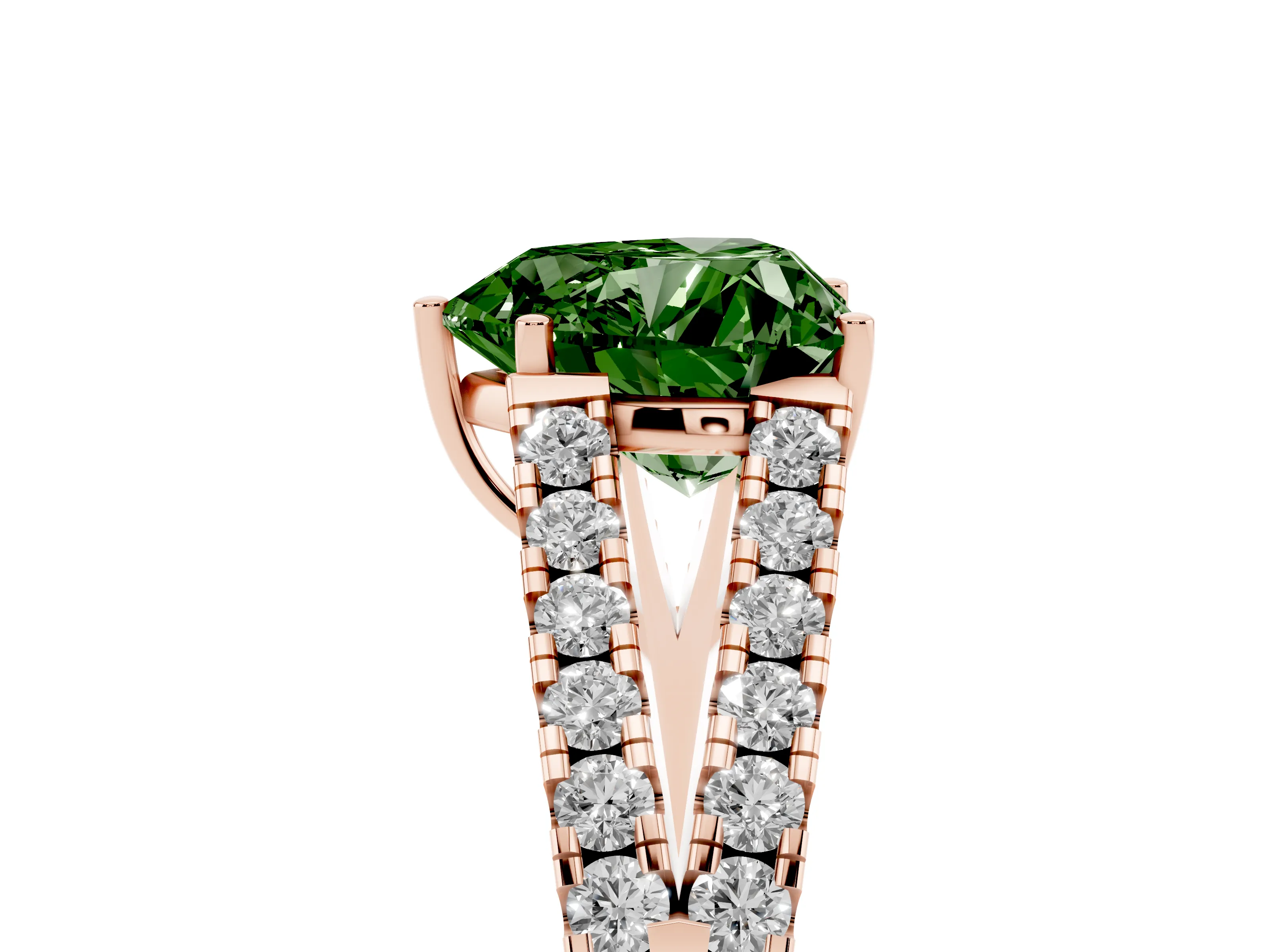 Fancy Green Heart Cut Diamond Split Shank Pavé Engagement Ring Set in Rose gold with Prong-Held Center Stone