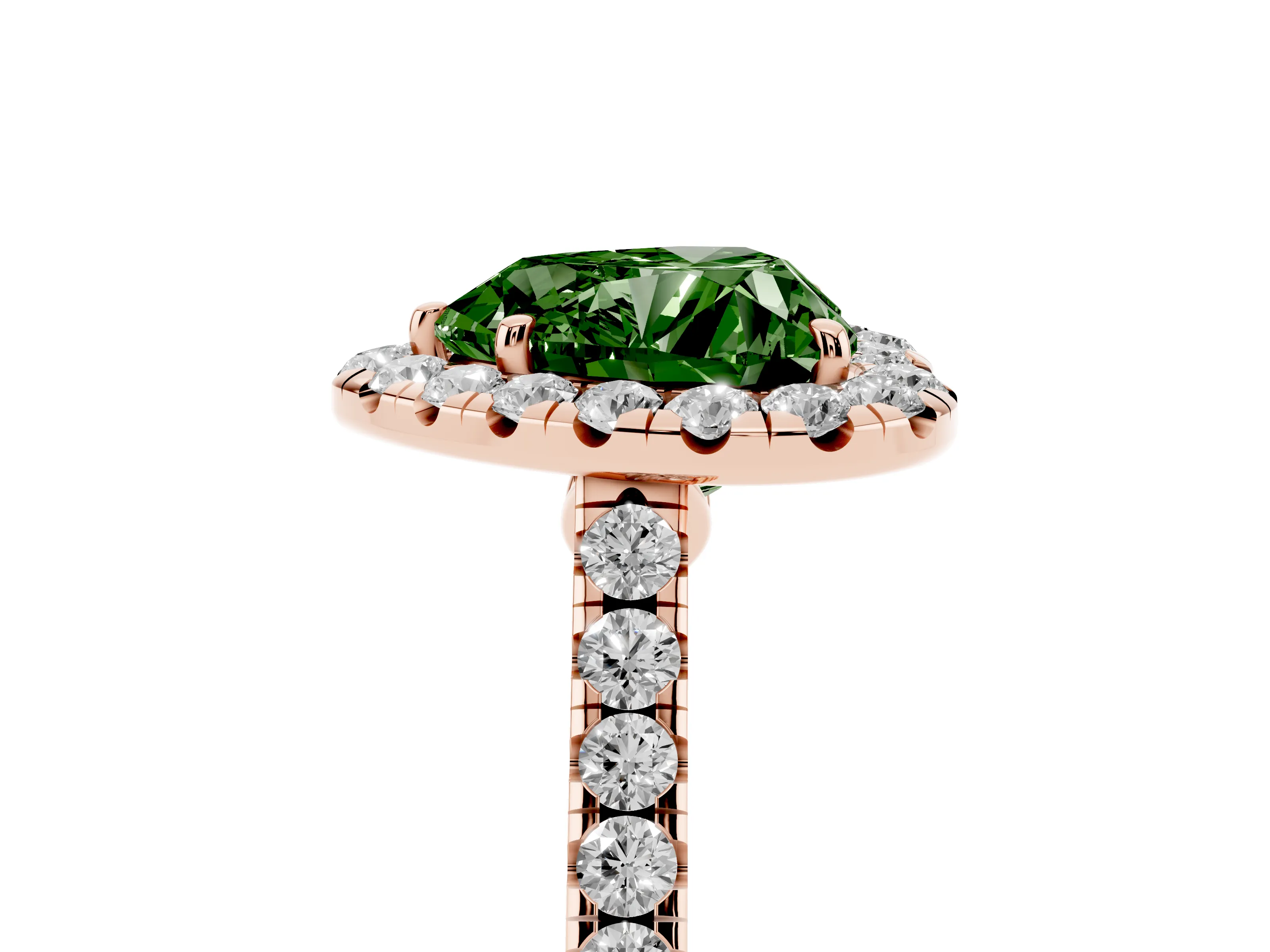 Fancy Green Heart Cut Diamond Halo Pavé Engagement Ring Set in Rose gold with Prong Setting