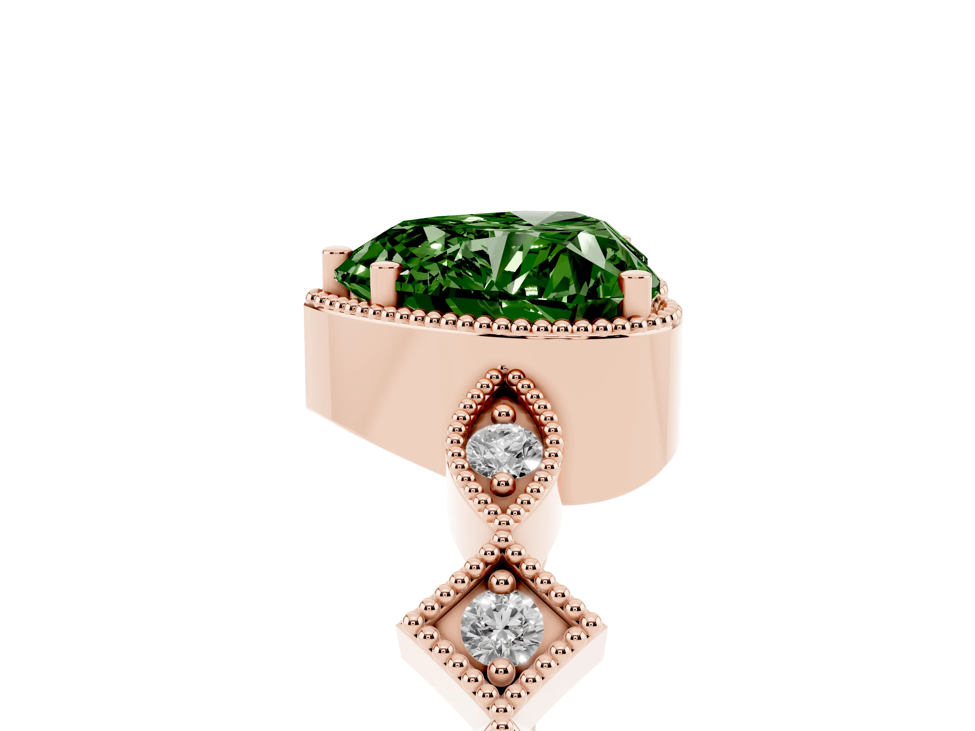Fancy Green Heart Cut Diamond Milgrain Marquise Twist Band Ring Set in Rose gold with Prong Setting