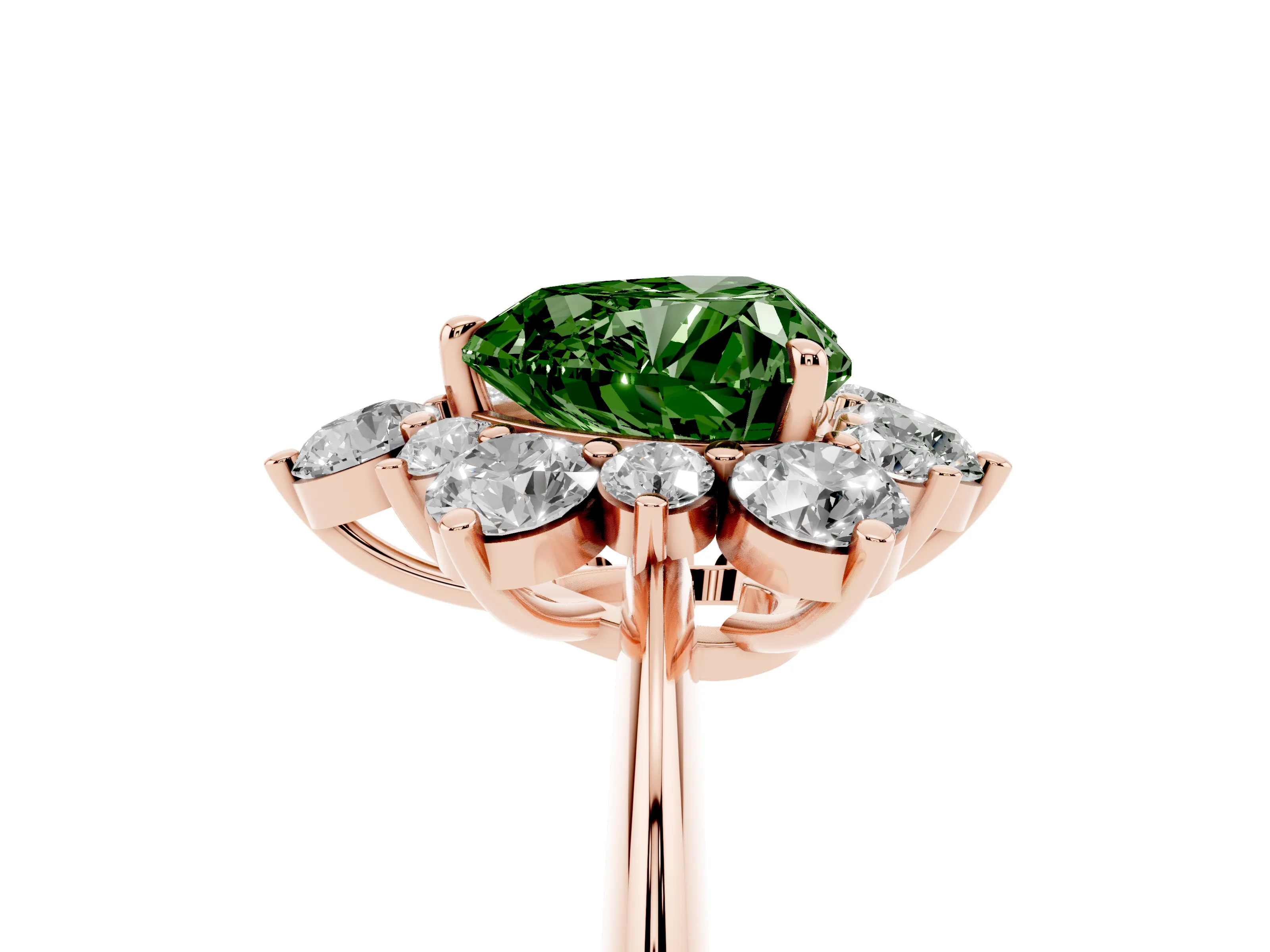 Fancy Green Heart Cut Diamond Cluster Halo Ring Set in Rose gold with Solitaire Band and Prong Setting