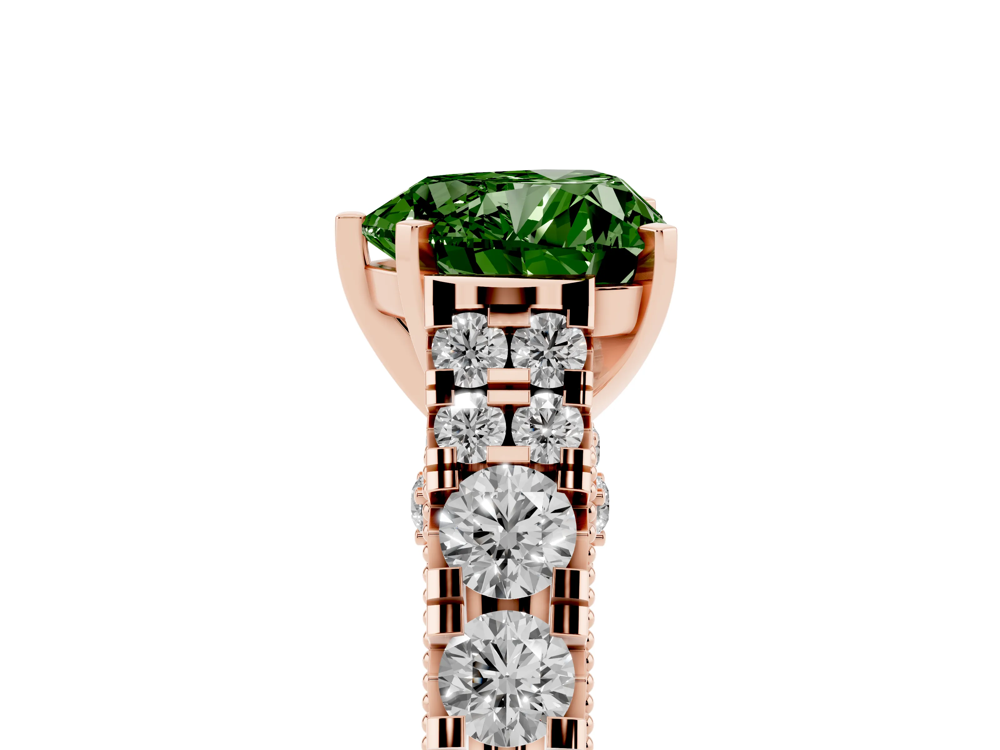 Fancy Green Heart Cut Diamond Classic Solitaire Ring Set in Rose gold with Pavé Band and Prong Setting