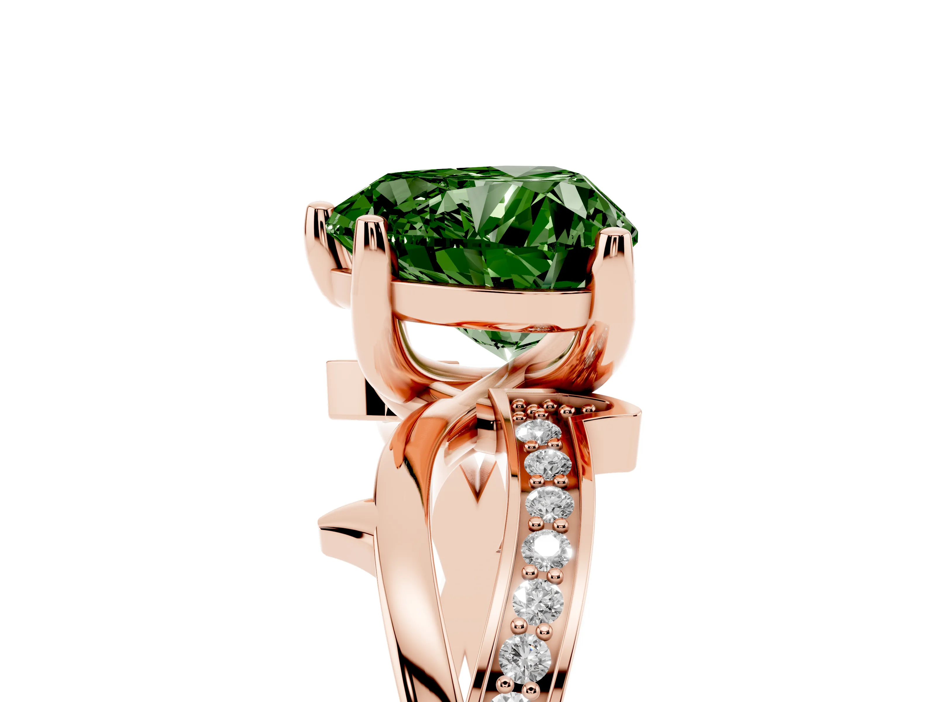 Fancy Green Heart Cut Diamond Pavé Twist Band Solitaire Ring Set in Rose gold with Prong Setting