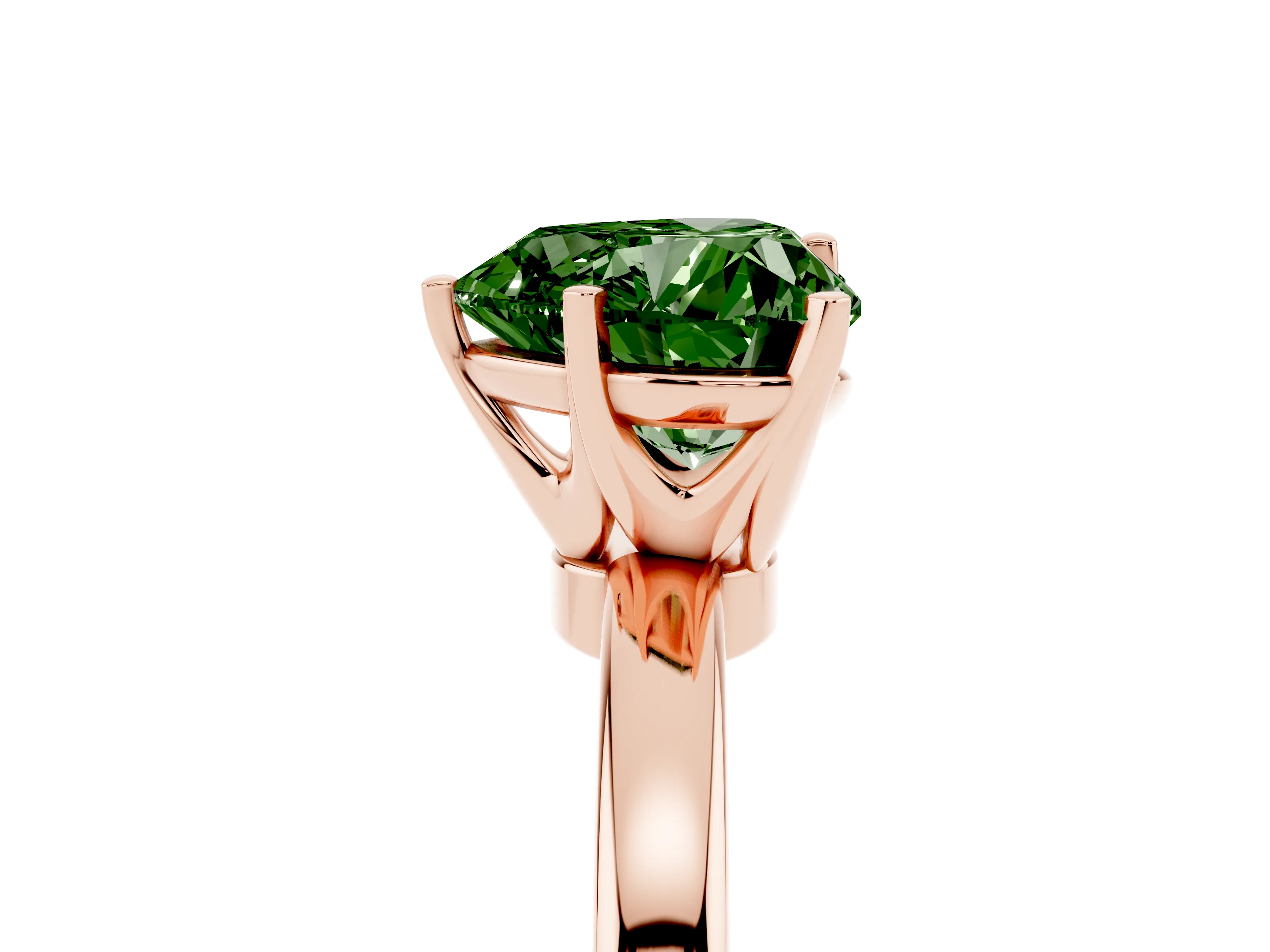 Fancy Green Heart Cut Diamond Solitaire Ring Set in Rose gold with Raised Prong Setting on a Classic Band