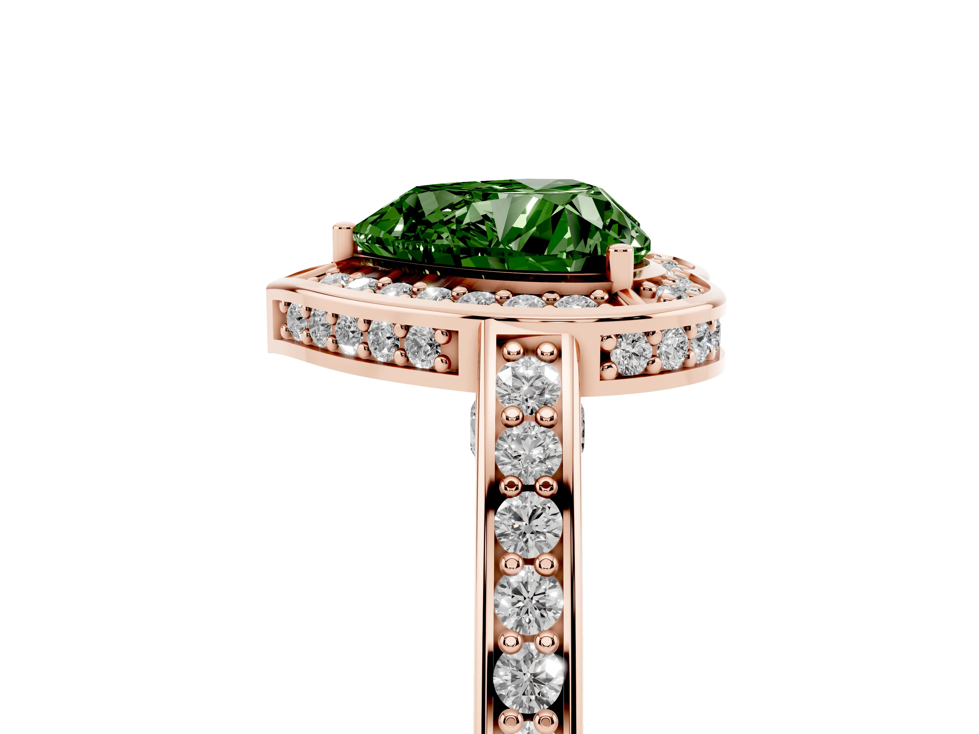Fancy Green Heart Cut Diamond Halo Pavé Split Shank Ring Set in Rose gold with Prong Setting