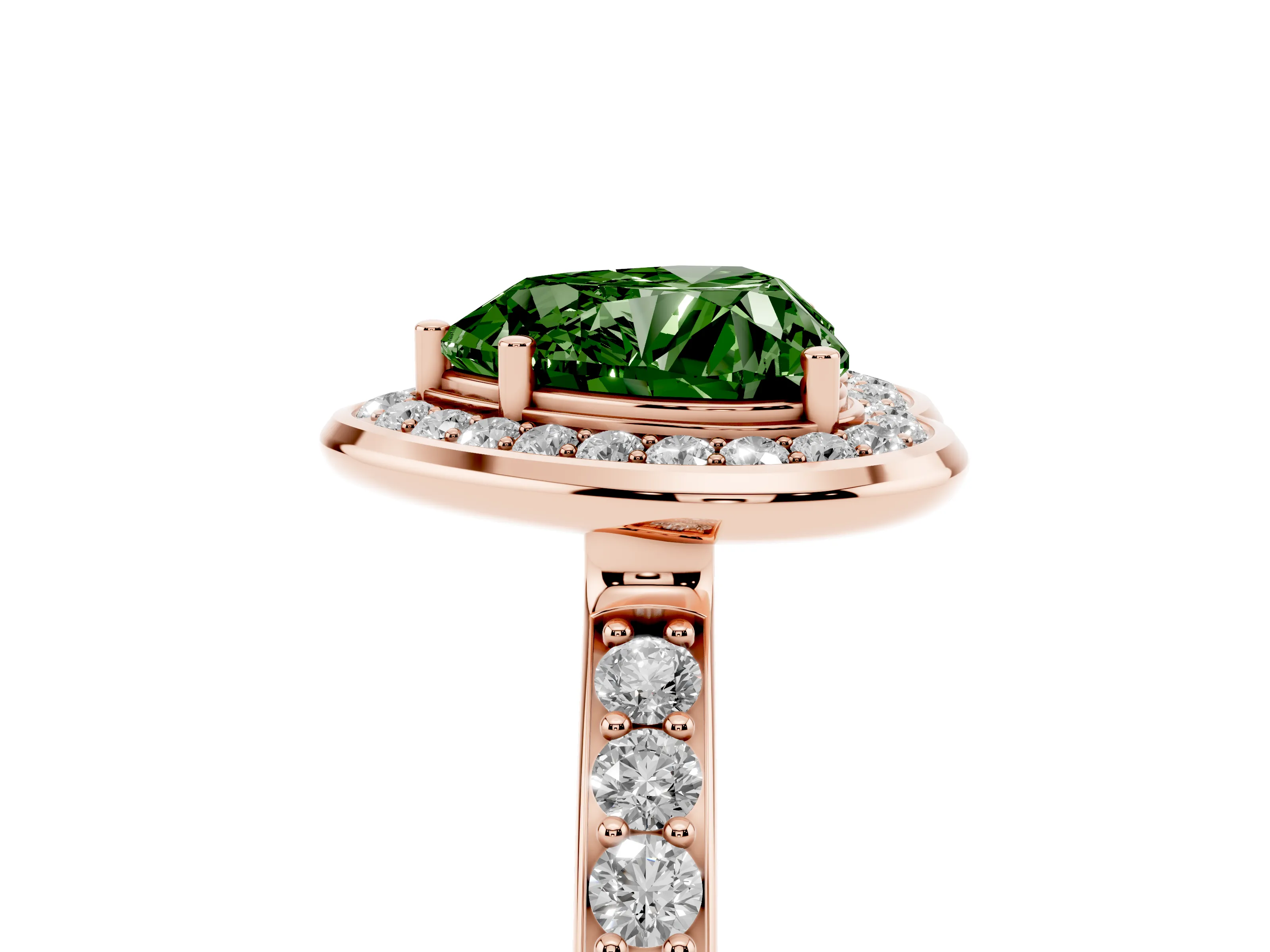 Fancy Green Heart Cut Diamond Halo Ring Set in Rose gold with Bezel Frame and Pavé Band
