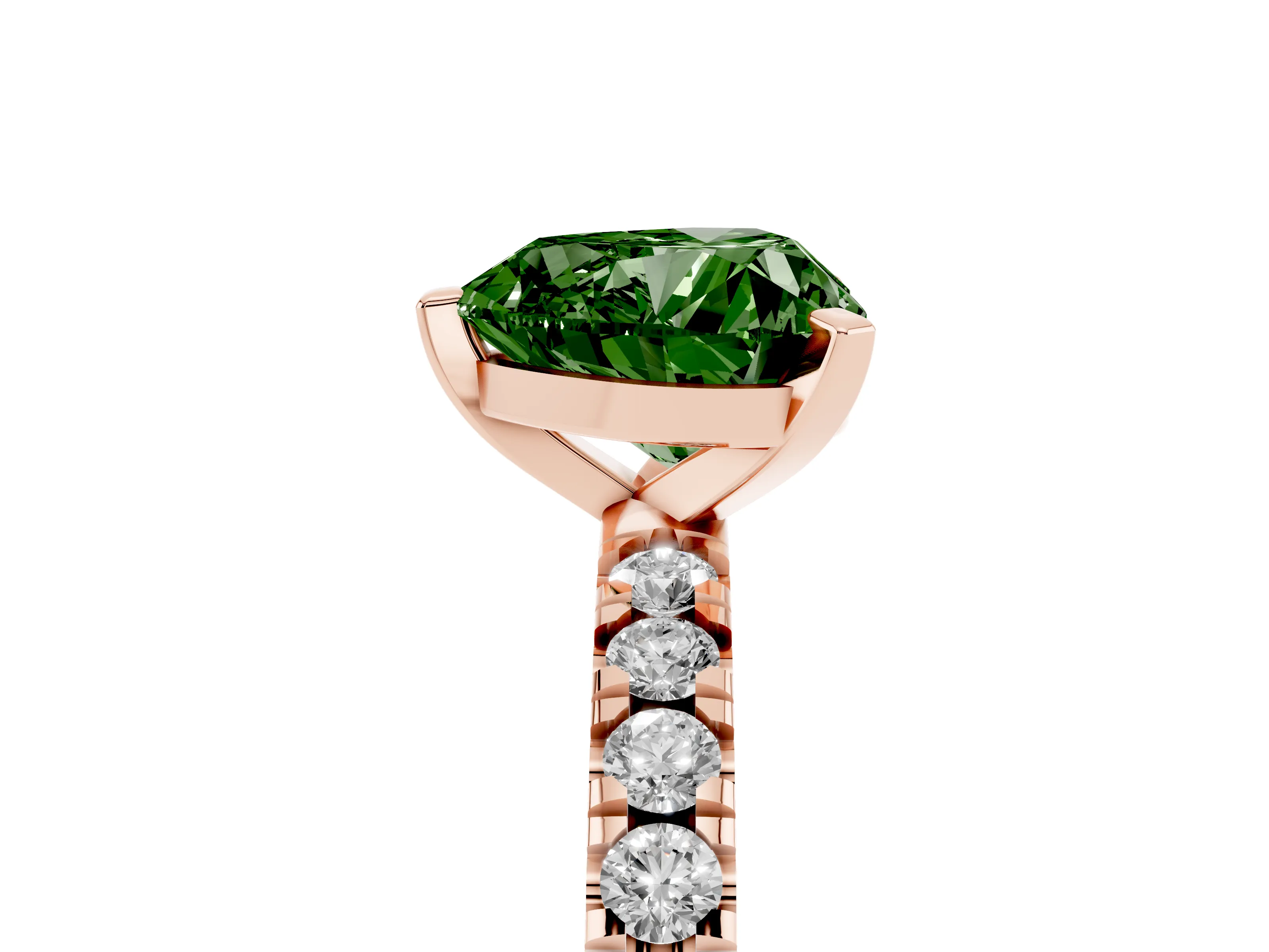 Fancy Green Heart Cut Diamond Pavé Band Solitaire Set in Rose gold with Prong Setting