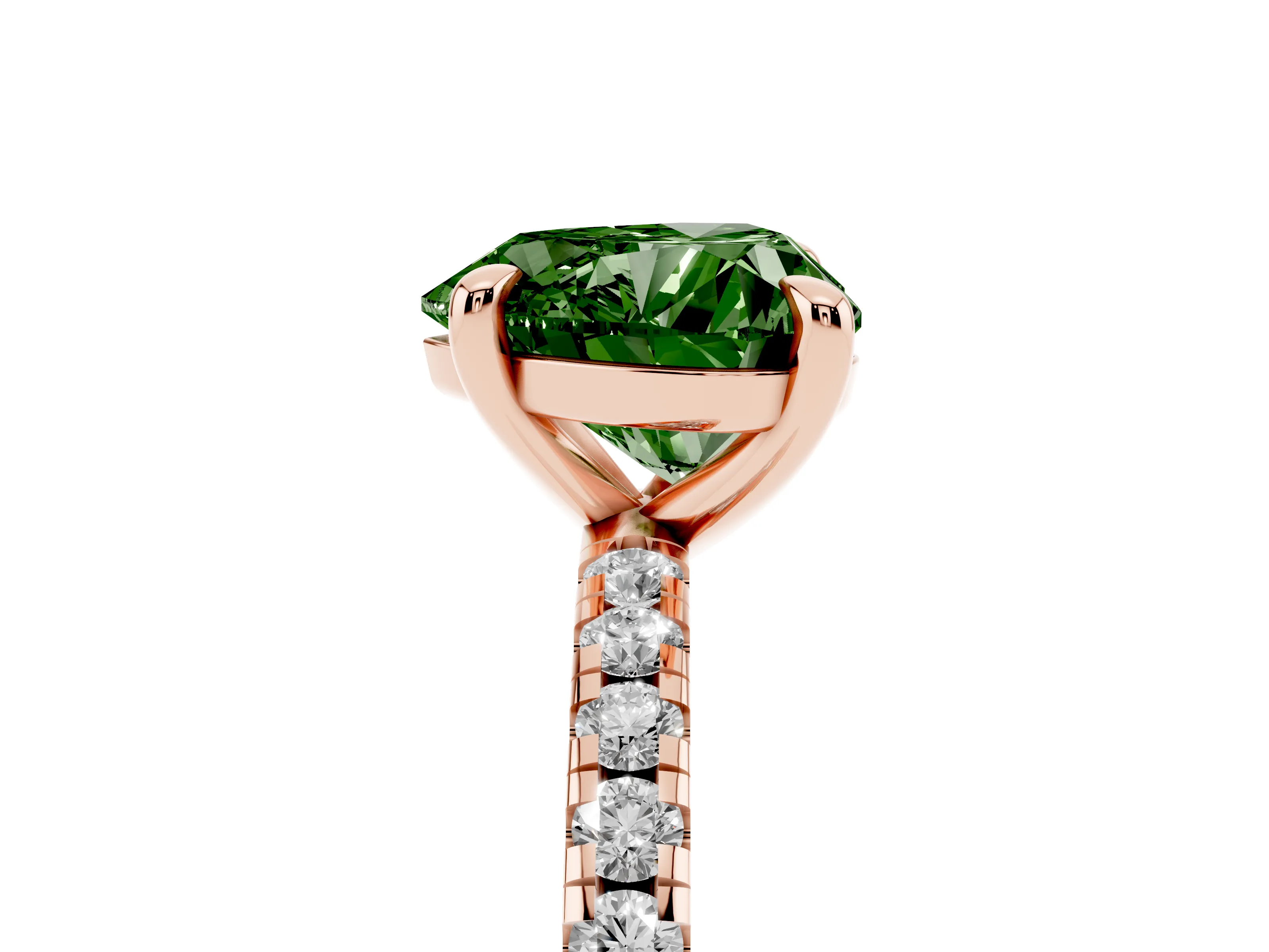 Fancy Green Heart Cut Diamond Brilliant Solitaire Ring Set in Rose gold with Pavé Band and Prong Setting