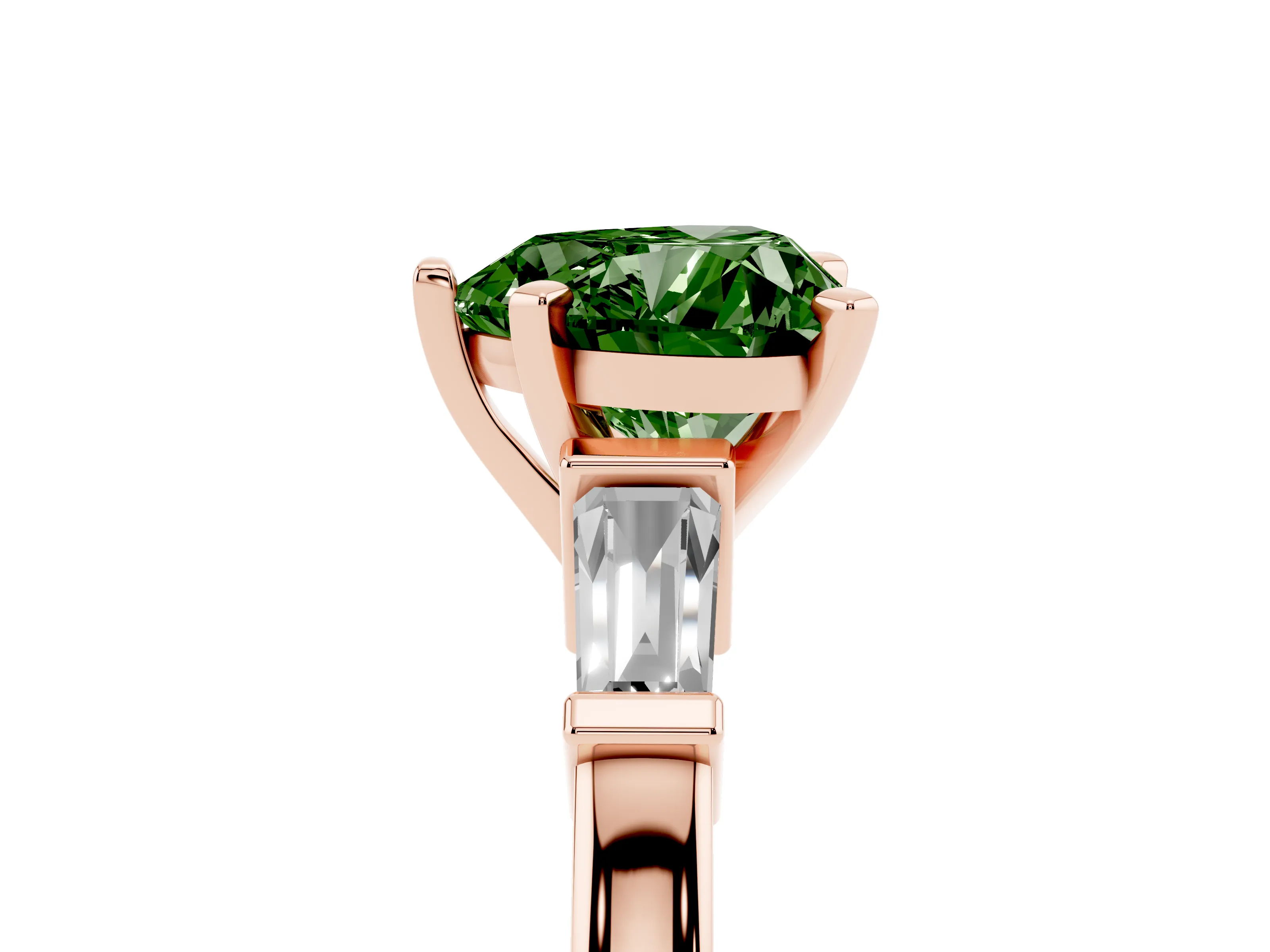 Fancy Green Heart Cut Diamond Solitaire Ring Set in Rose gold with Tapered Baguette Accents and Prong Setting