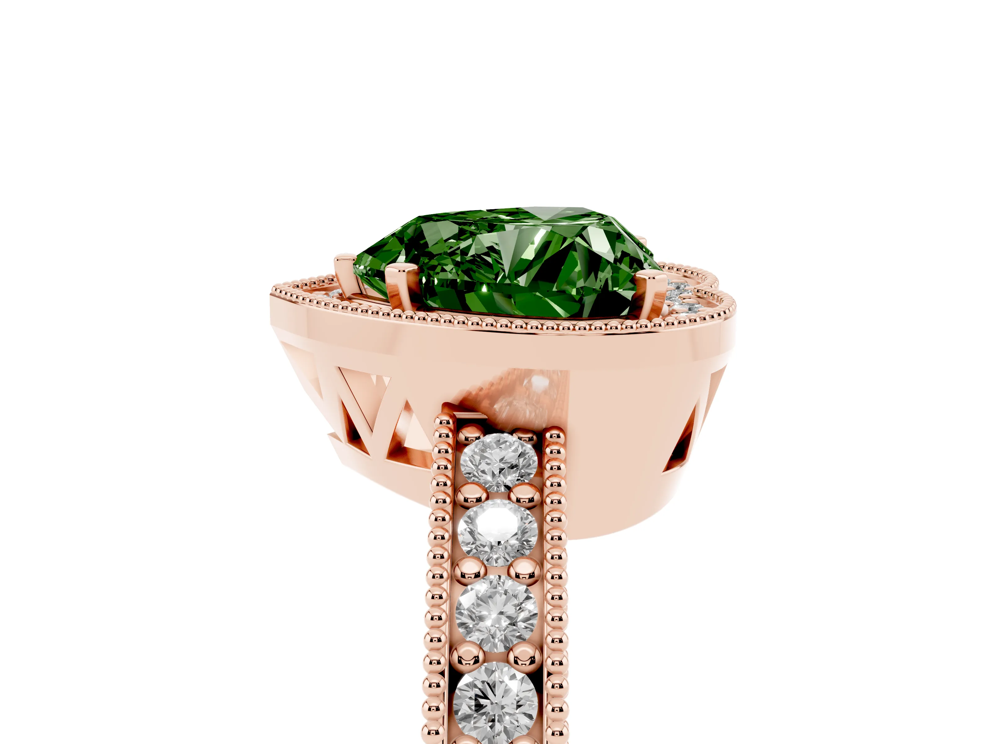 Fancy Green Heart Cut Diamond Halo Pavé Band Ring Set in Rose gold with Prong-Set Center