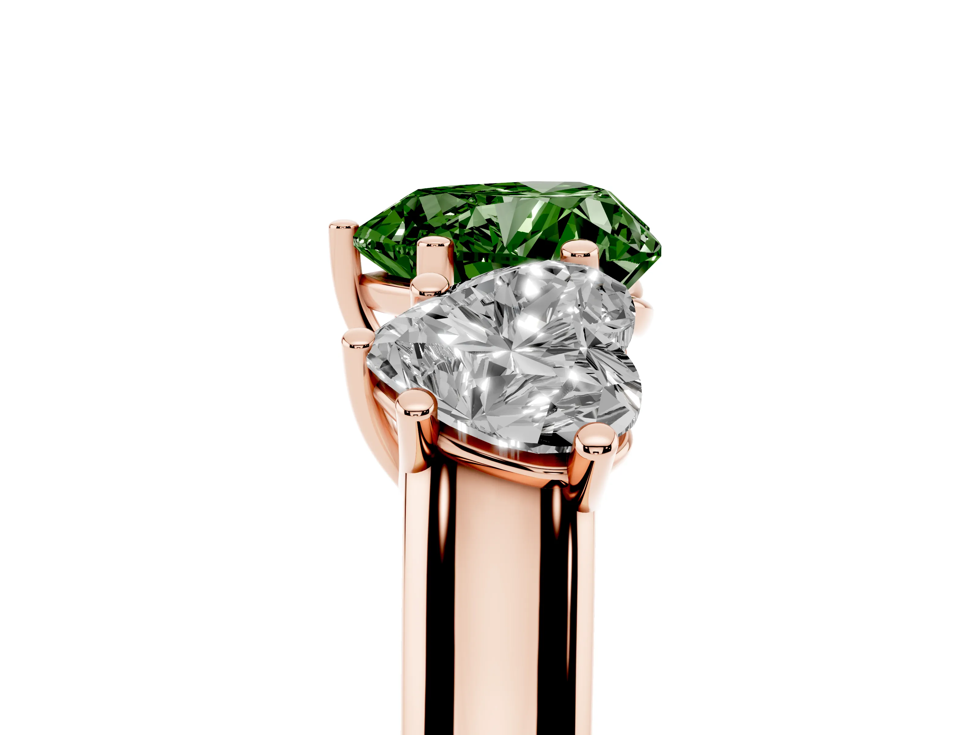 Fancy Green Heart Cut Diamond Three-Stone Ring Set in Rose gold with Plain Polished Band