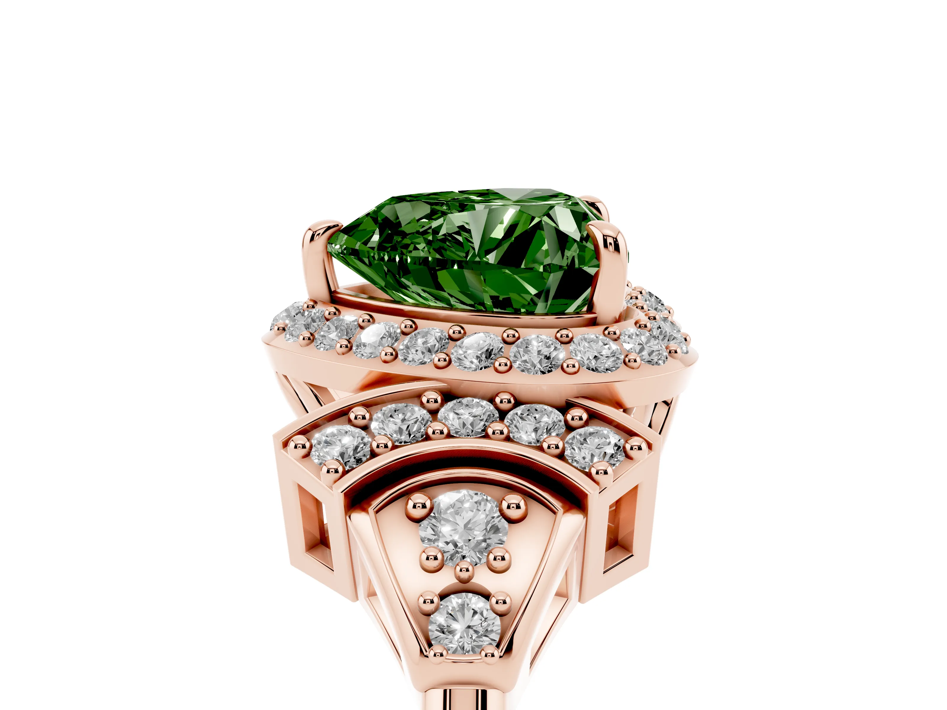 Fancy Green Heart Cut Diamond Halo Engagement Ring Set in Rose gold with Accent Stone Split Shank