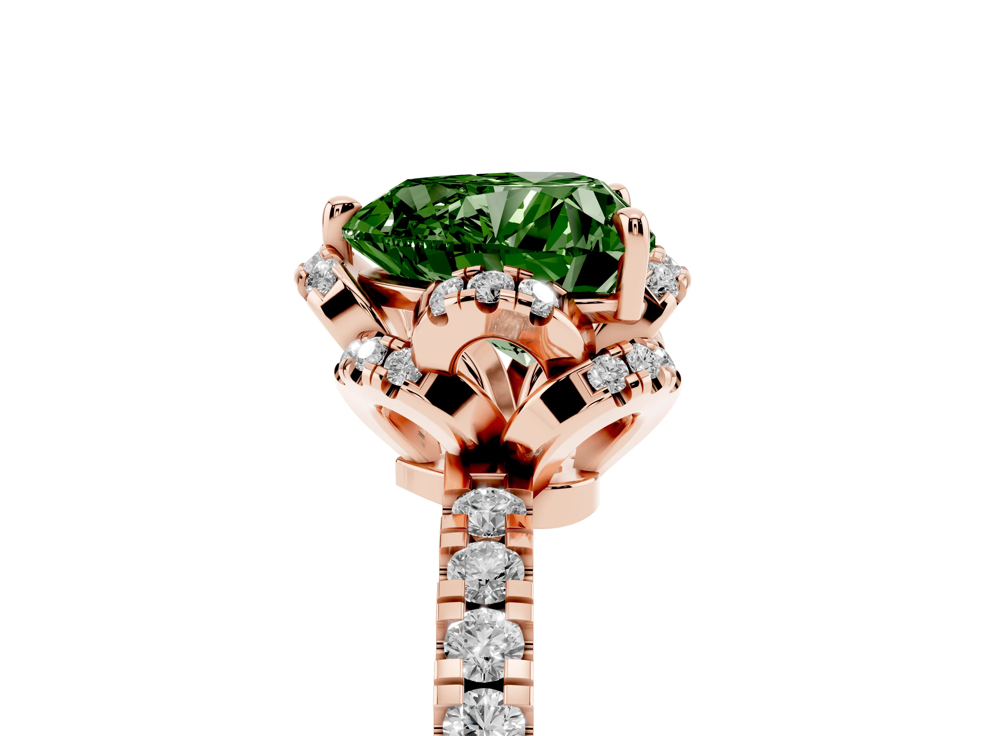 Fancy Green Heart Cut Diamond Halo Pavé Band Ring Set in Rose gold with Prong-Held Center