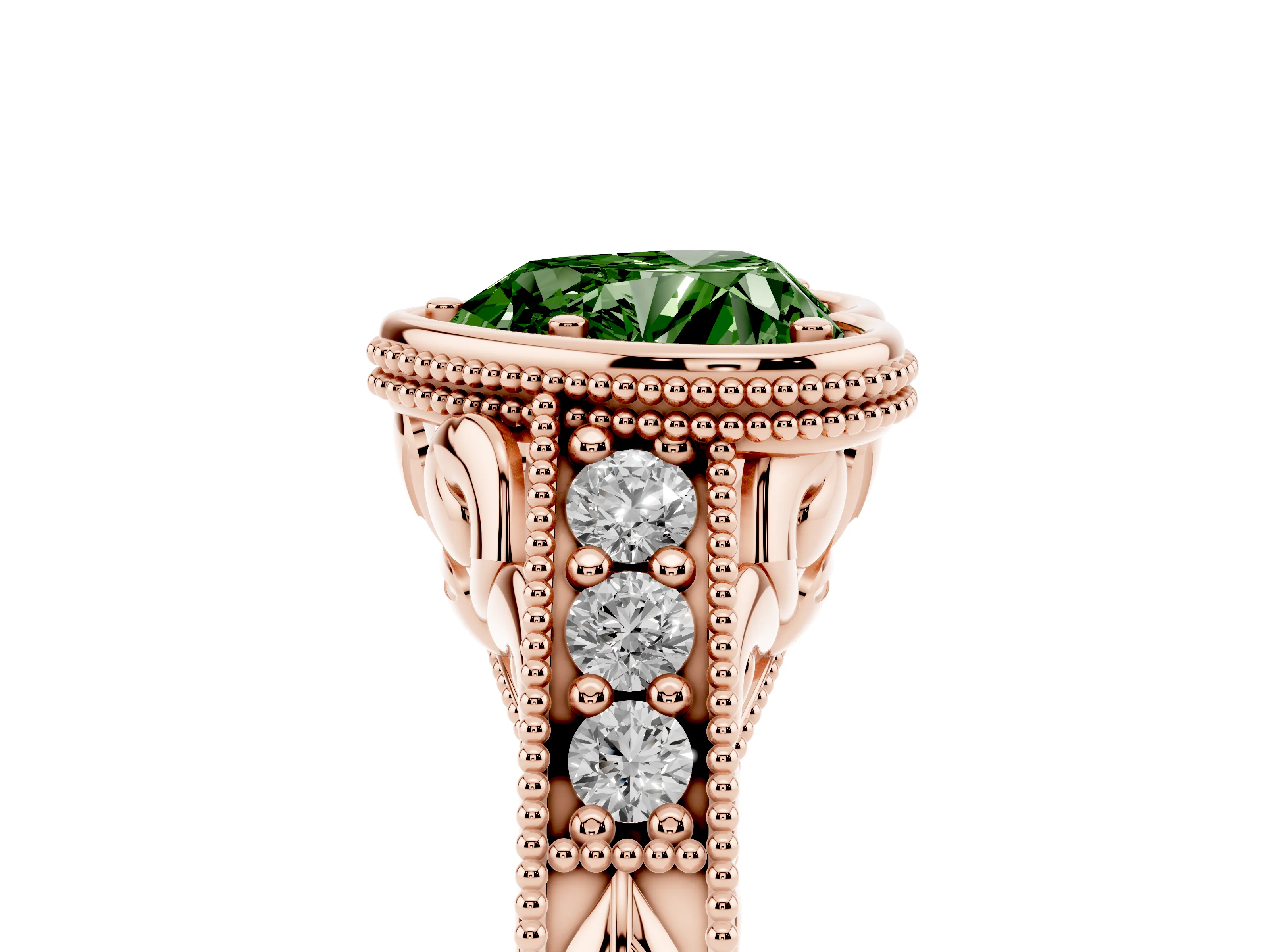 Fancy Green Bezel Set Heart Cut Diamond Milgrain Pavé Engagement Ring Set in Rose gold
