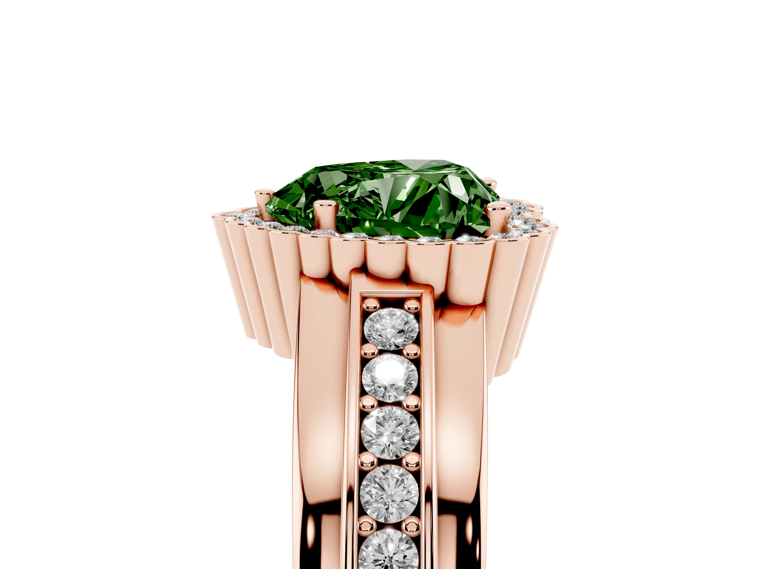 Fancy Green Heart Cut Diamond Halo Prong Ring Set in Rose gold with Pavé Band