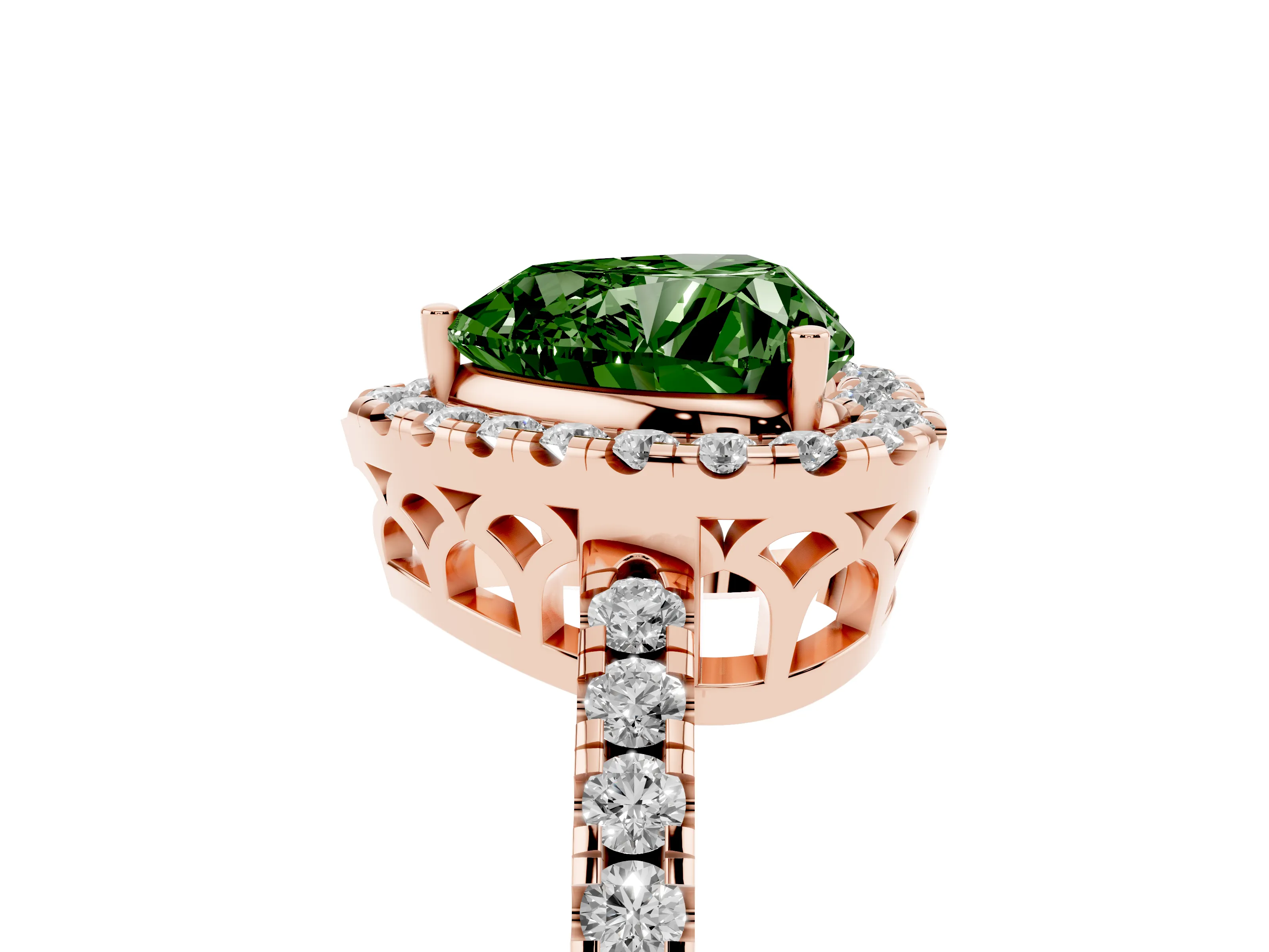 Fancy Green Heart Cut Diamond Pavé Band Halo Engagement Ring Set in Rose gold with Prong Setting
