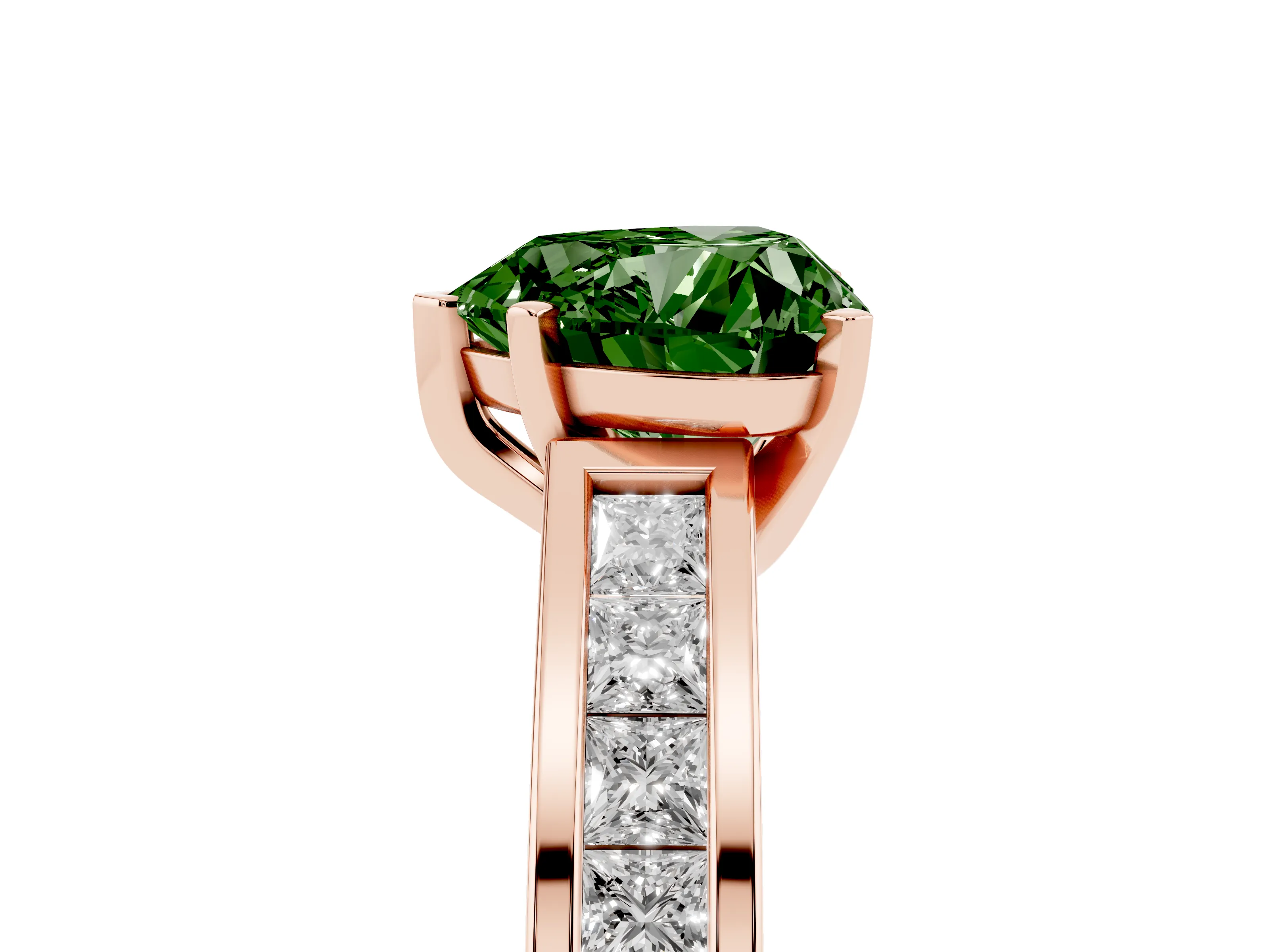 Fancy Green Heart Cut Diamond Solitaire Ring Set in Rose gold with Channel-Set Band and Prong Setting