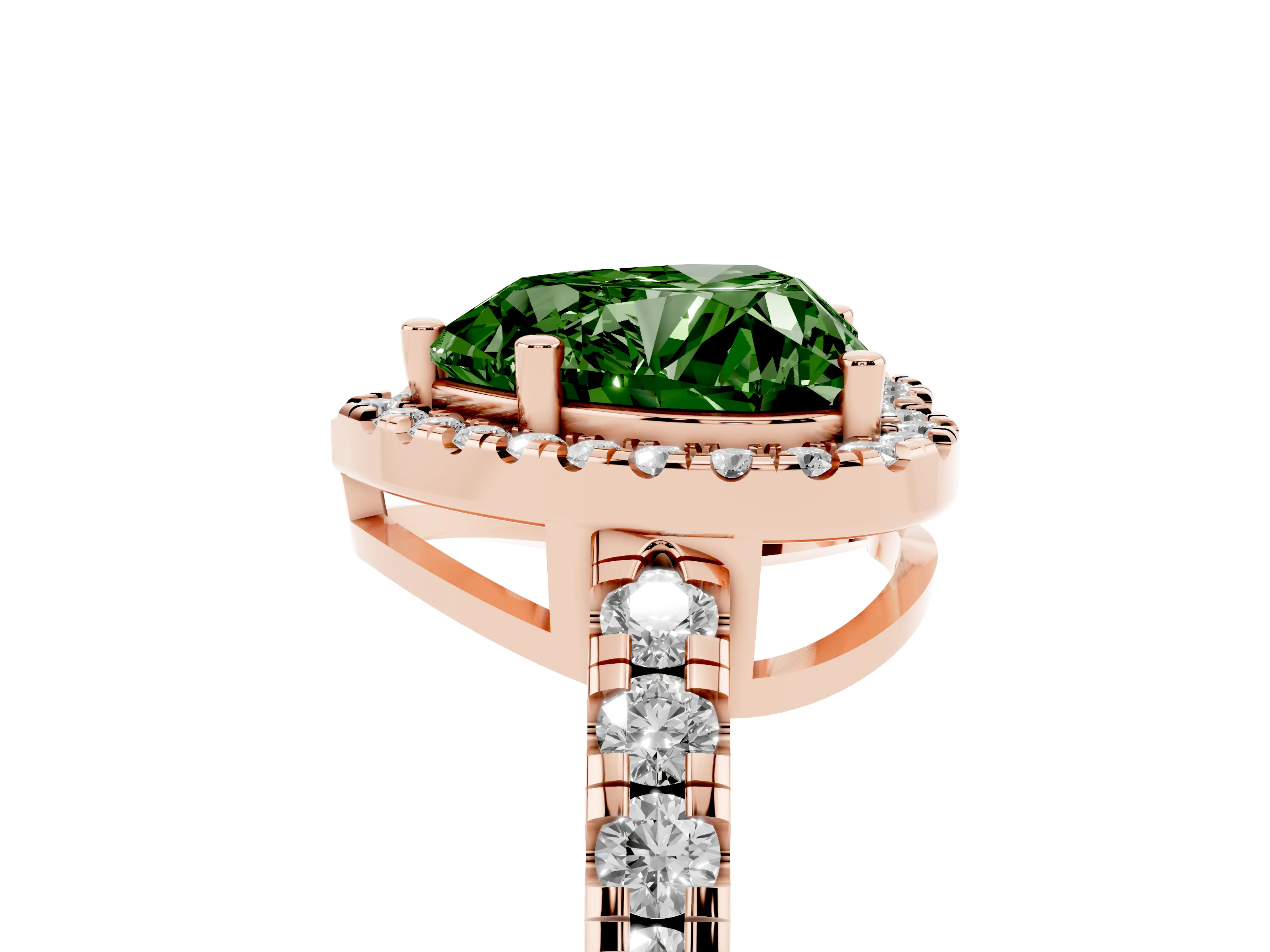 Fancy Green Heart Cut Diamond Halo Ring Set in Rose gold with Delicate Pavé Band and Prong Setting