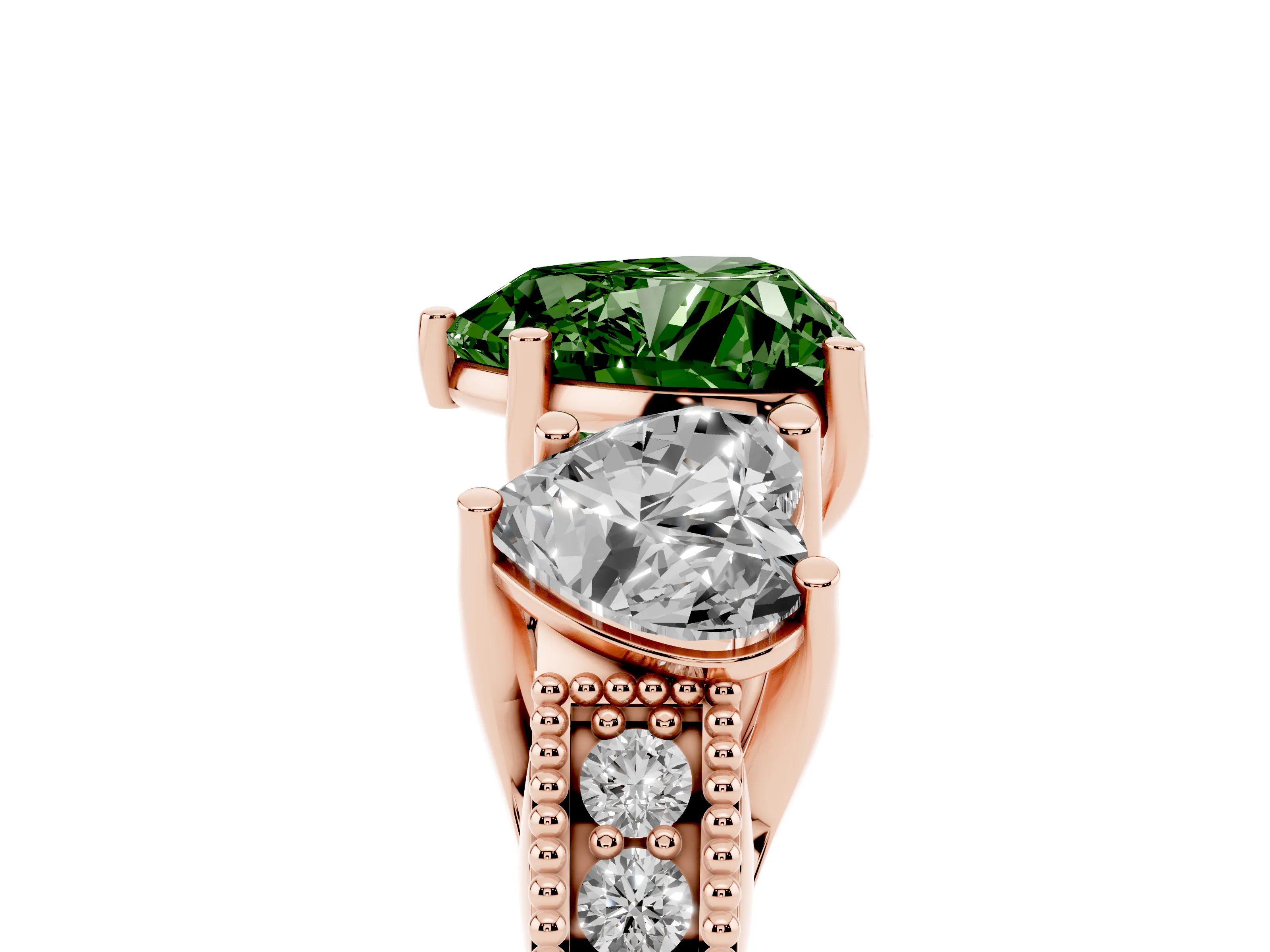 Fancy Green Heart Cut Diamond Three-Stone Engagement Ring Set in Rose gold with Milgrain Pavé Band