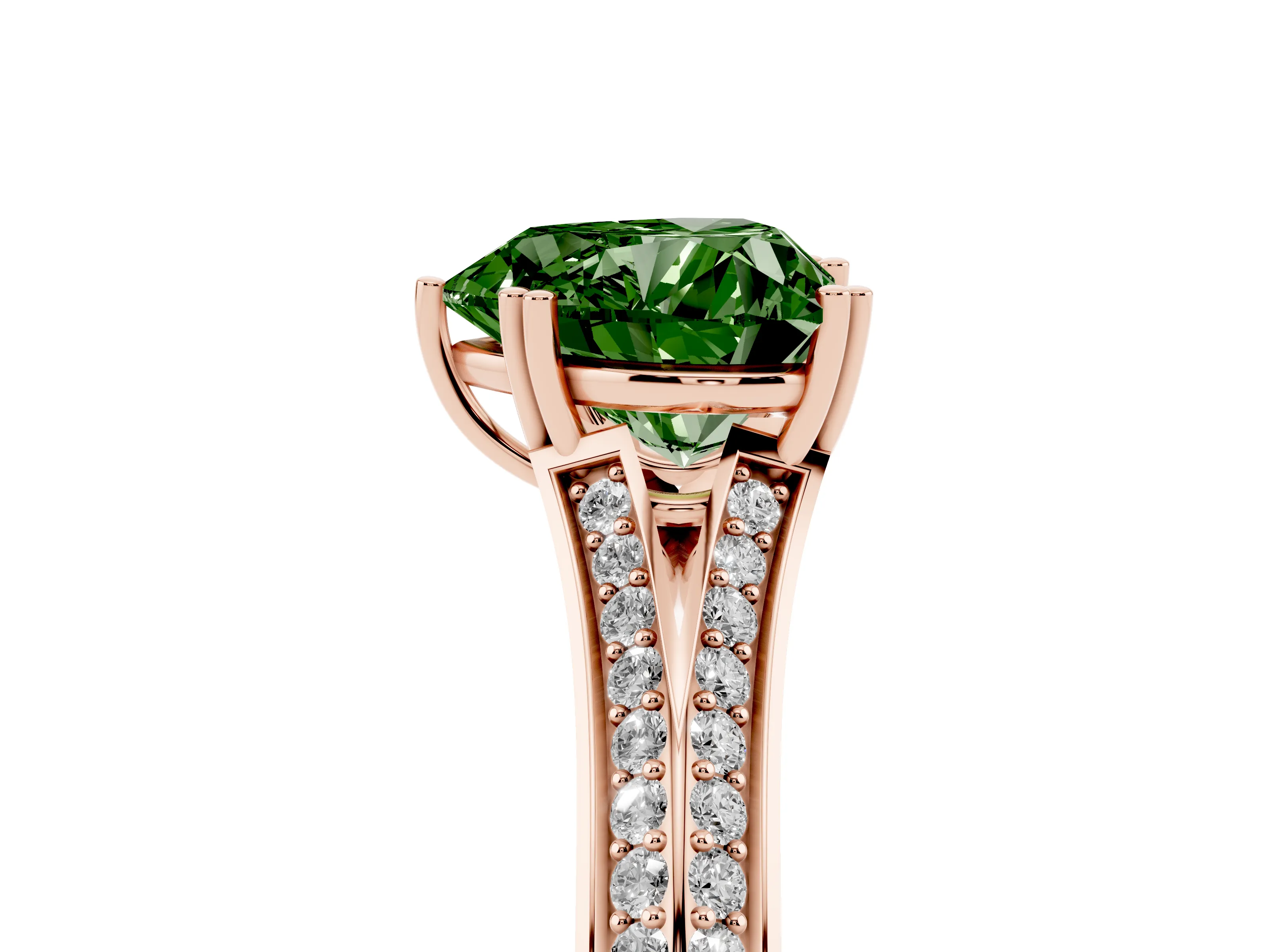 Fancy Green Heart Cut Diamond Split Shank Pavé Engagement Ring Set in Rose gold with Prong-Set Center Stone