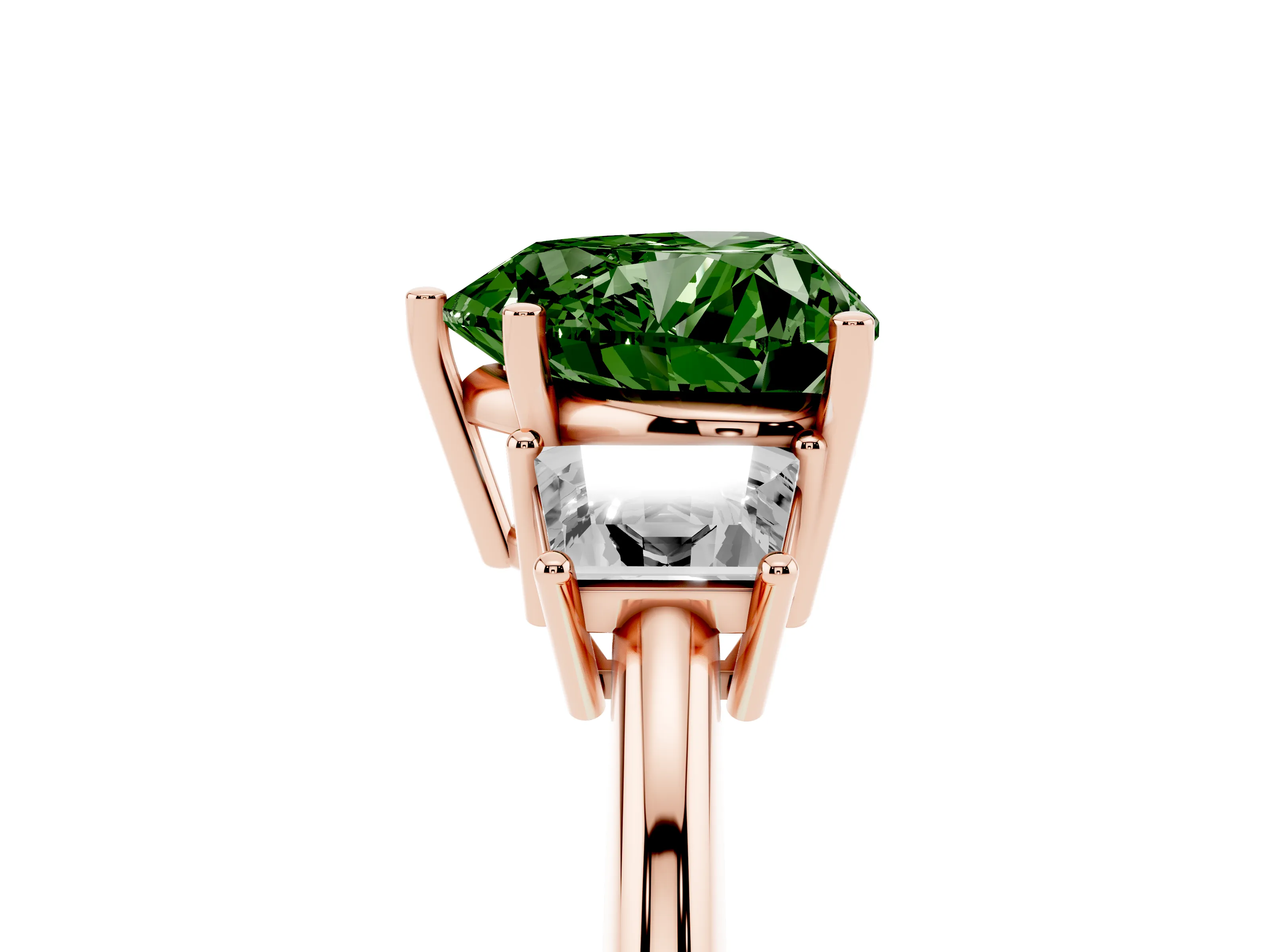 Fancy Green Heart Cut Diamond Three-Stone Ring Set in Rose gold with Trapezoid Side Stones and Prong Setting