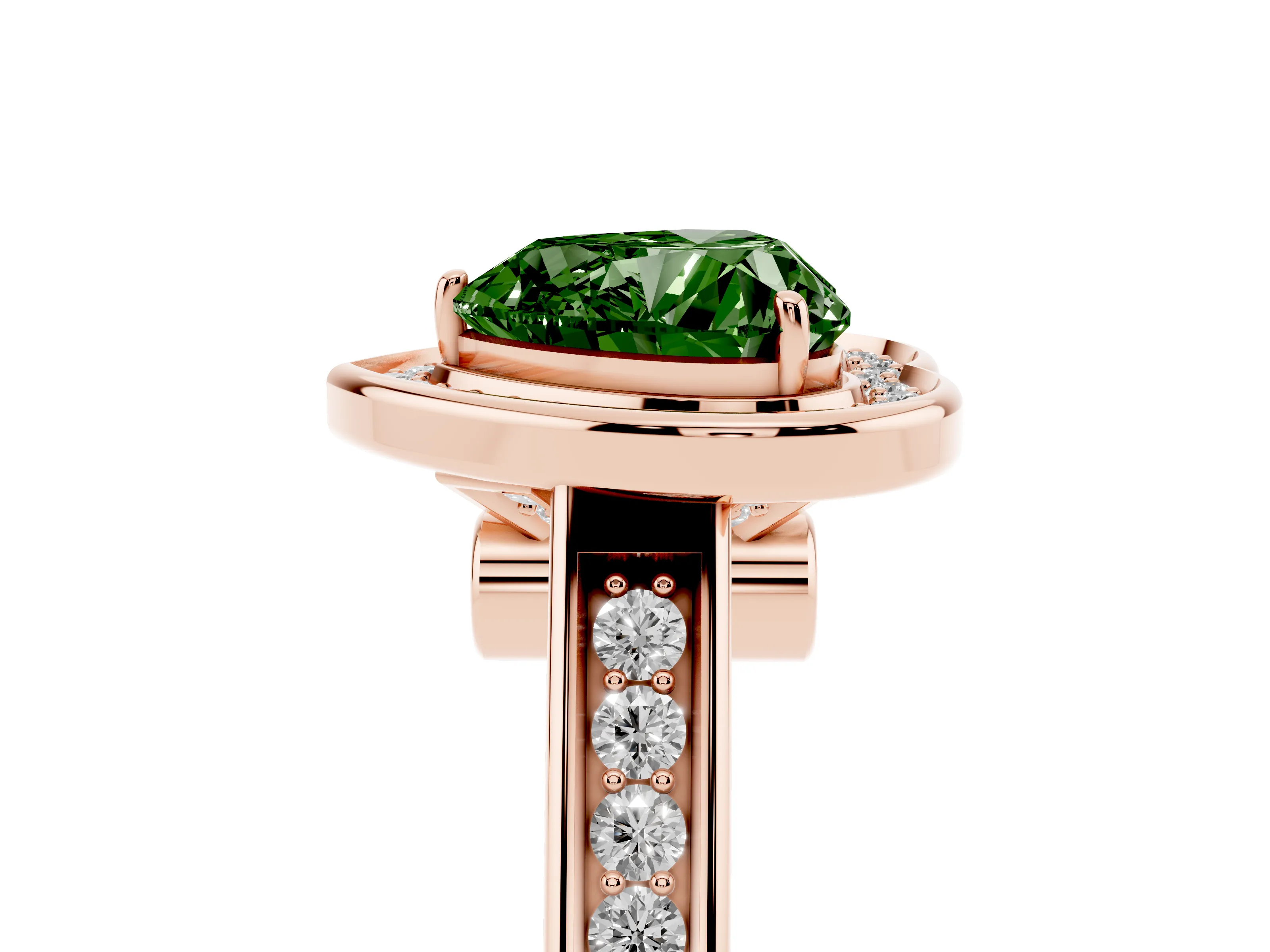 Fancy Green Heart Cut Diamond Halo Solitaire Ring Set in Rose gold with Pavé Band and Bezel Setting