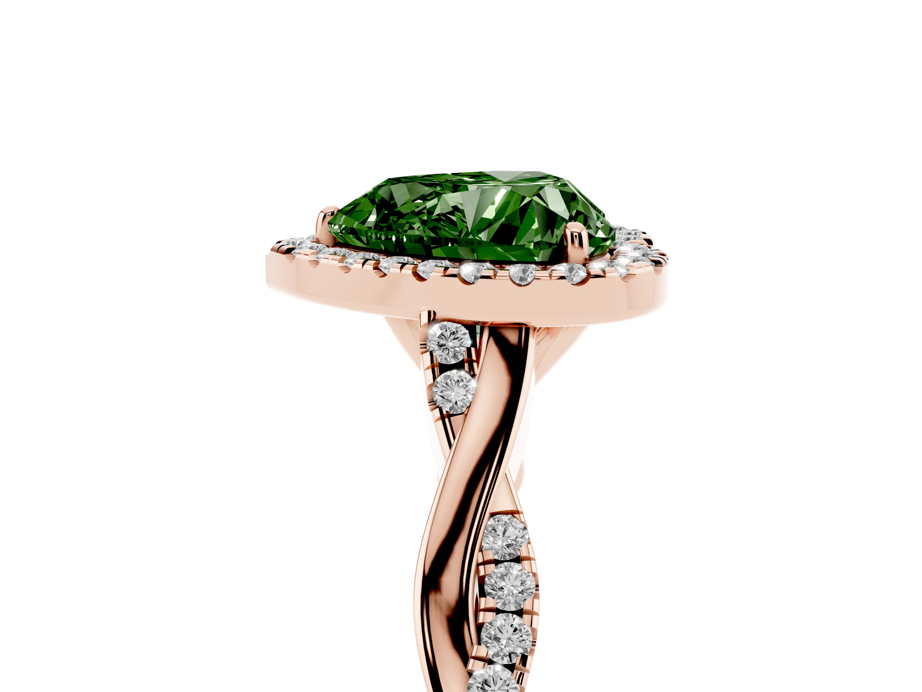 Fancy Green Heart Cut Diamond Halo Twist Band Solitaire Ring Set in Rose gold with Prong Setting