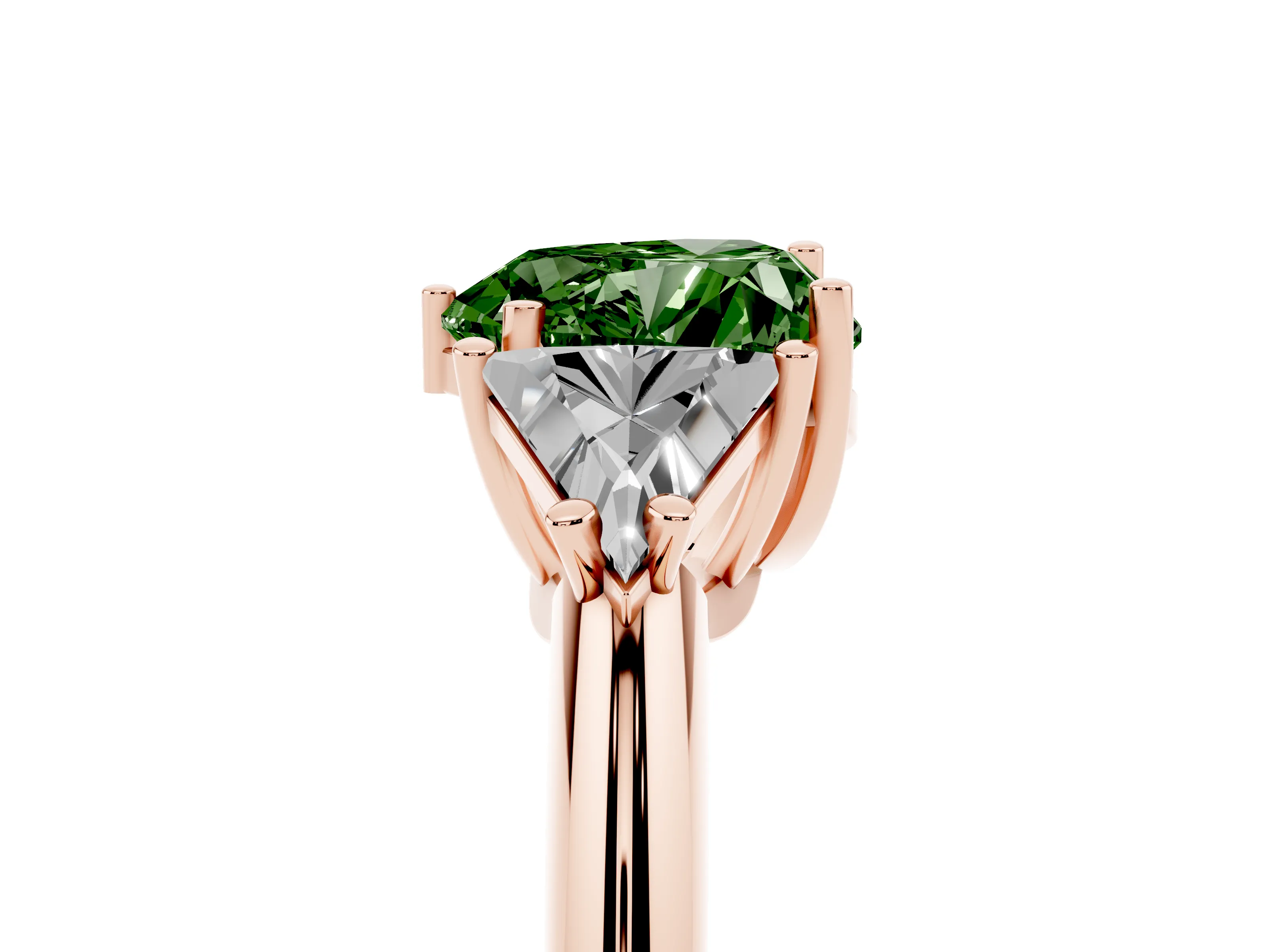 Fancy Green Heart Cut Diamond Three-Stone Engagement Ring Set in Rose gold with Trillion Side Stones