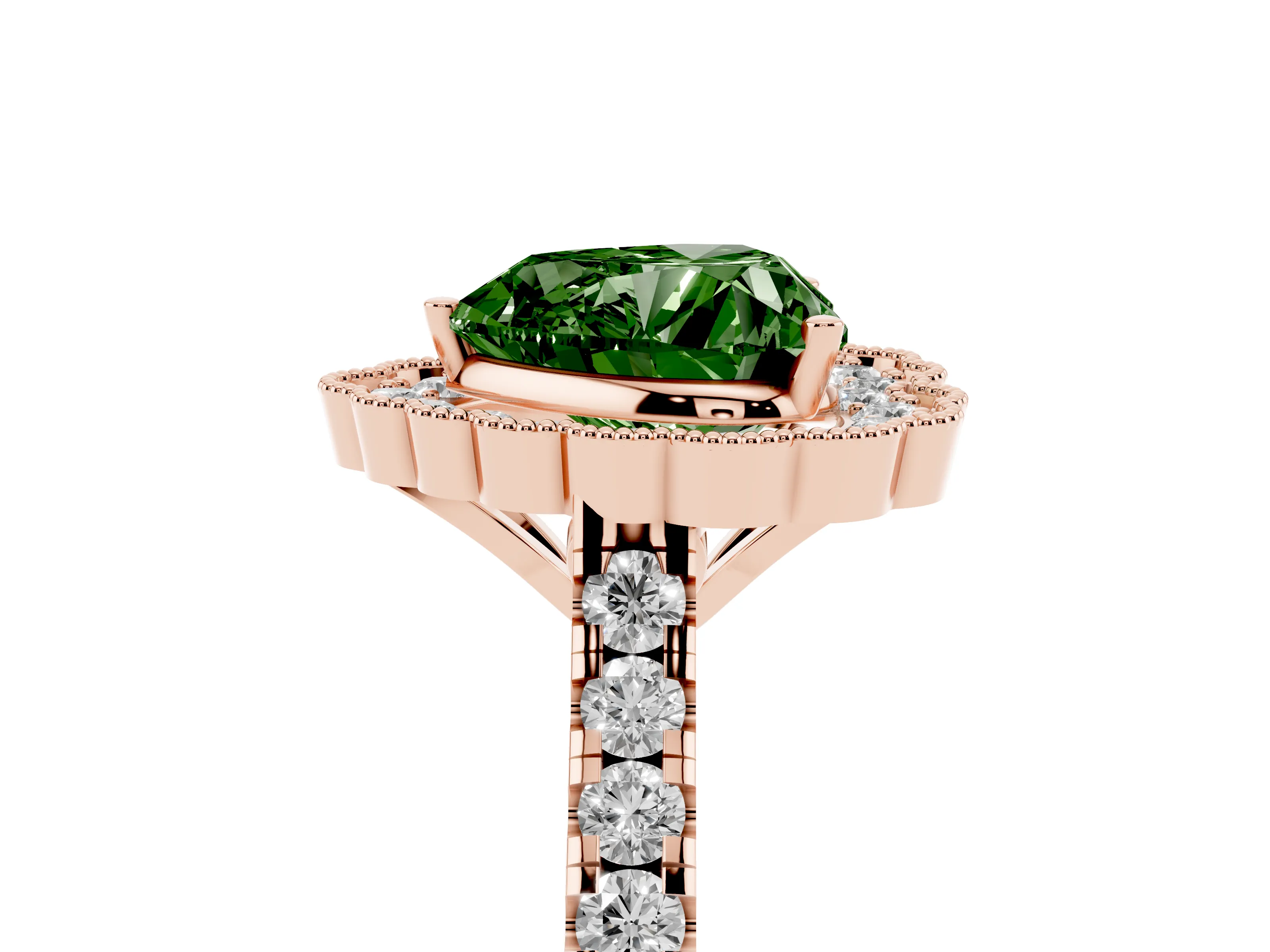 Fancy Green Heart Cut Diamond Milgrain Floral Halo Engagement Ring Set in Rose gold with Pavé Band