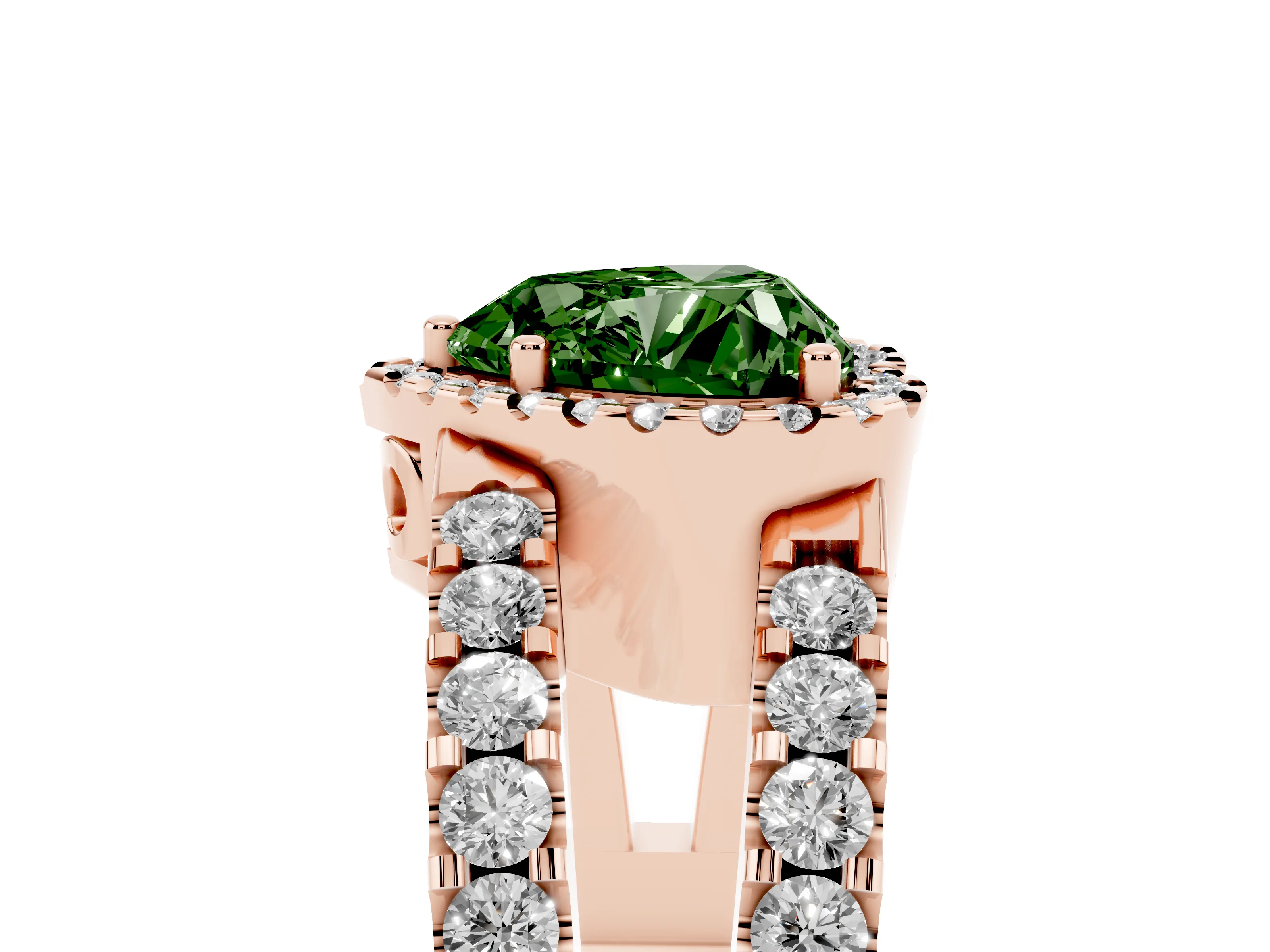 Fancy Green Heart Cut Diamond Halo Ring Set in Rose gold with Pavé Split Shank and Prong Setting