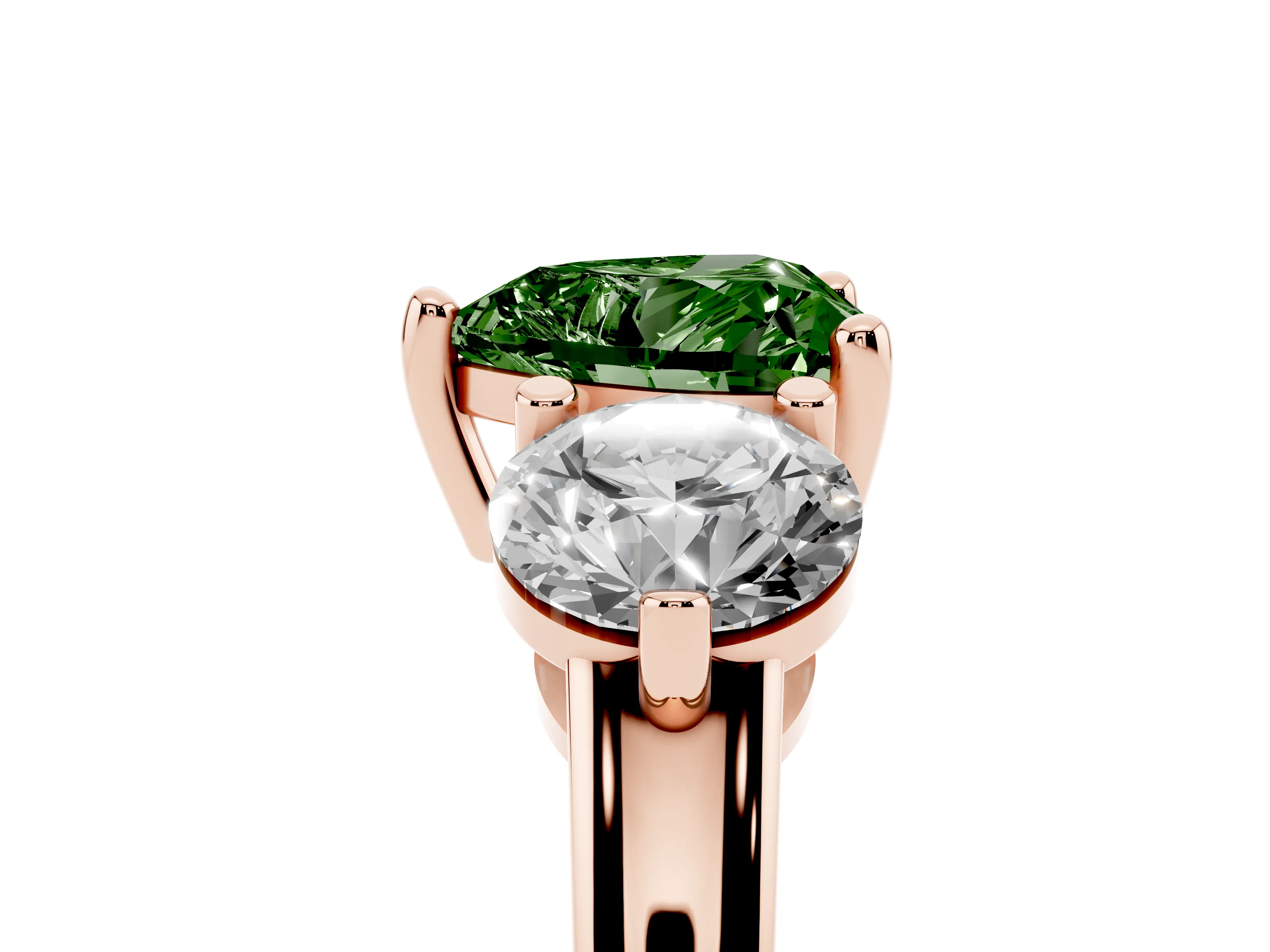 Fancy Green Heart Cut Diamond Three-Stone Ring Set in Rose gold with Prong Setting and Classic Band