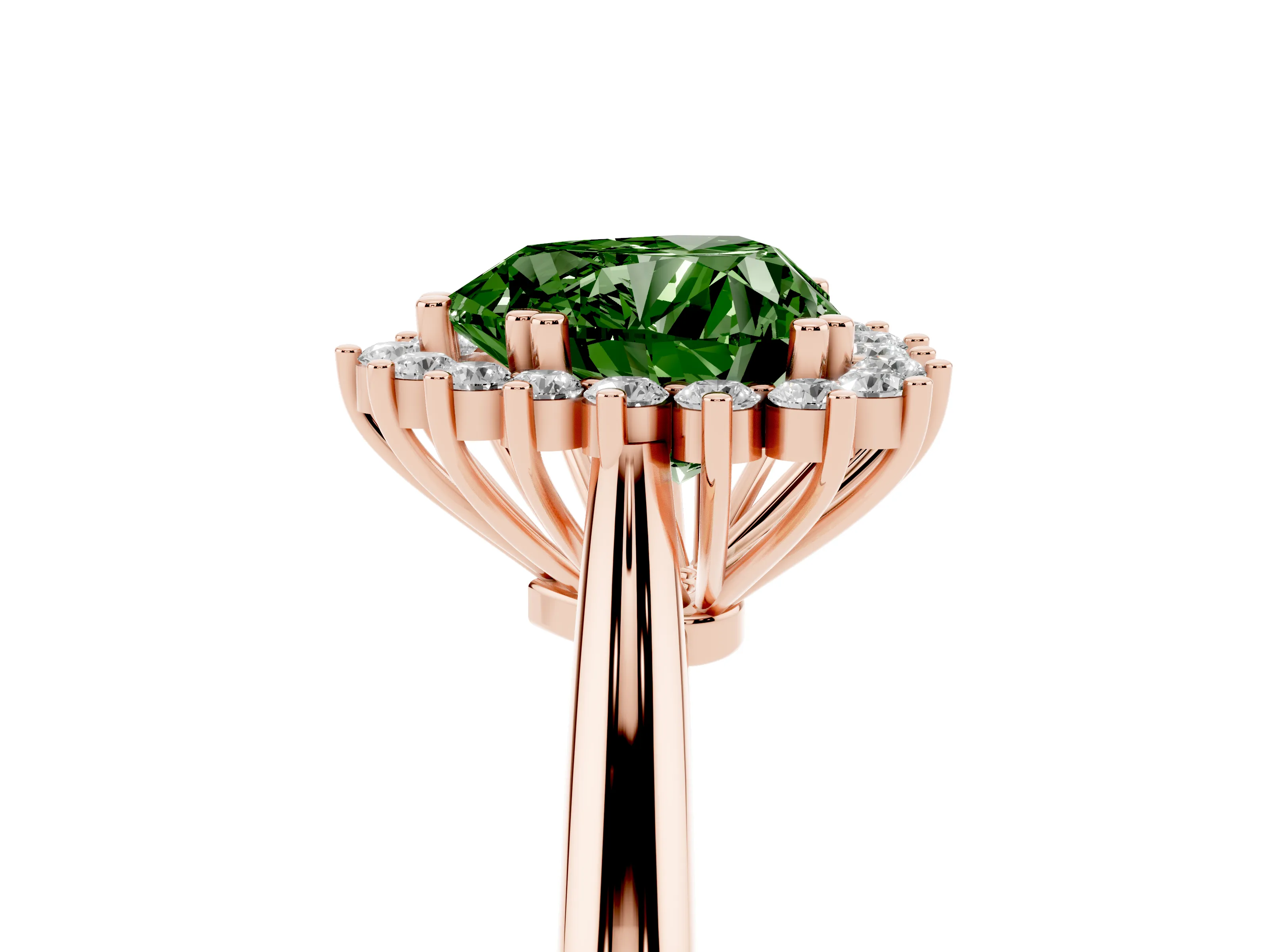 Fancy Green Heart Cut Diamond Halo Ring Set in Rose gold with Plain Solitaire Band and Prong Setting