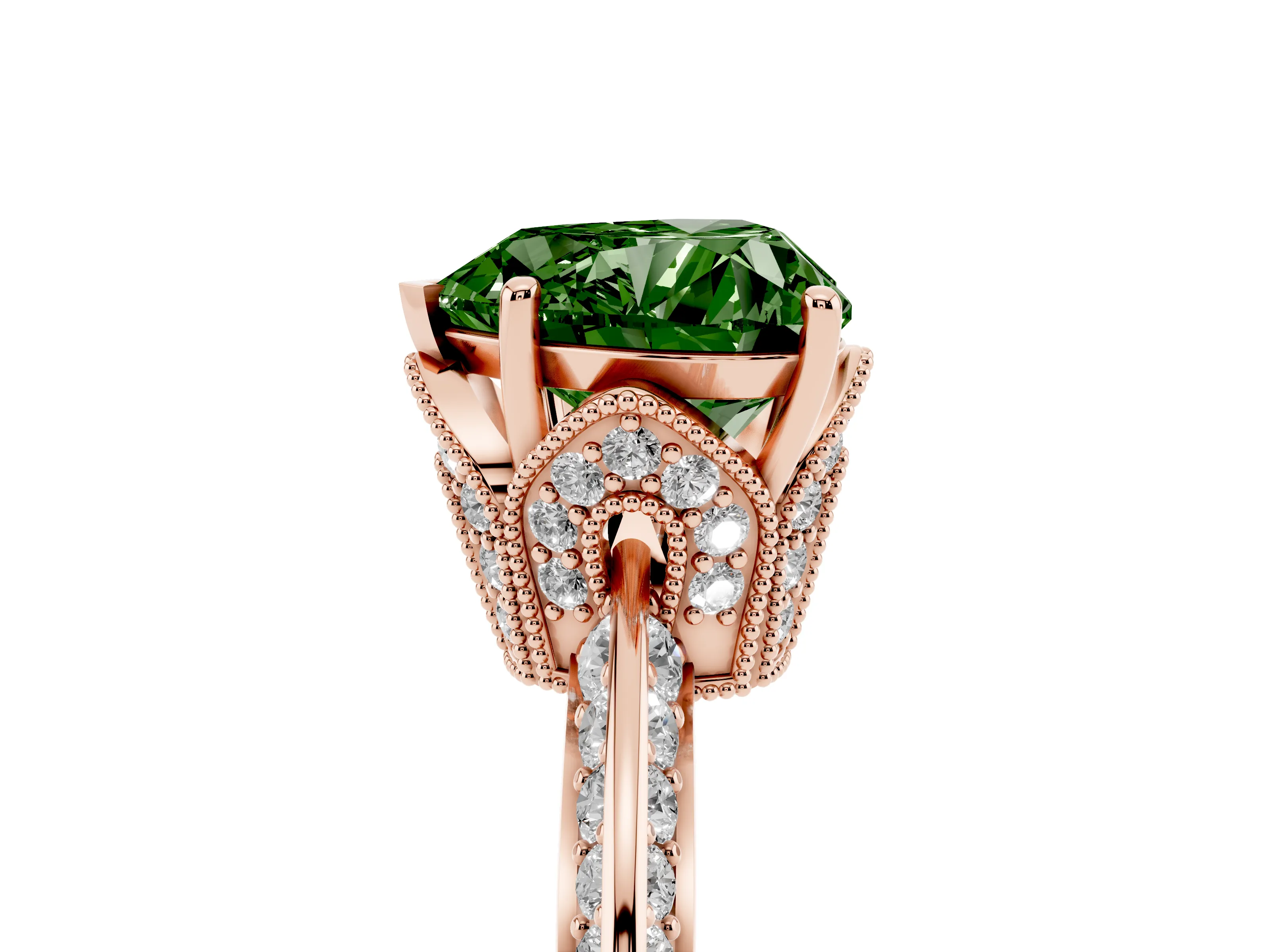 Fancy Green Heart Cut Diamond Solitaire Engagement Ring Set in Rose gold with Pavé Split Shank and Prong Setting