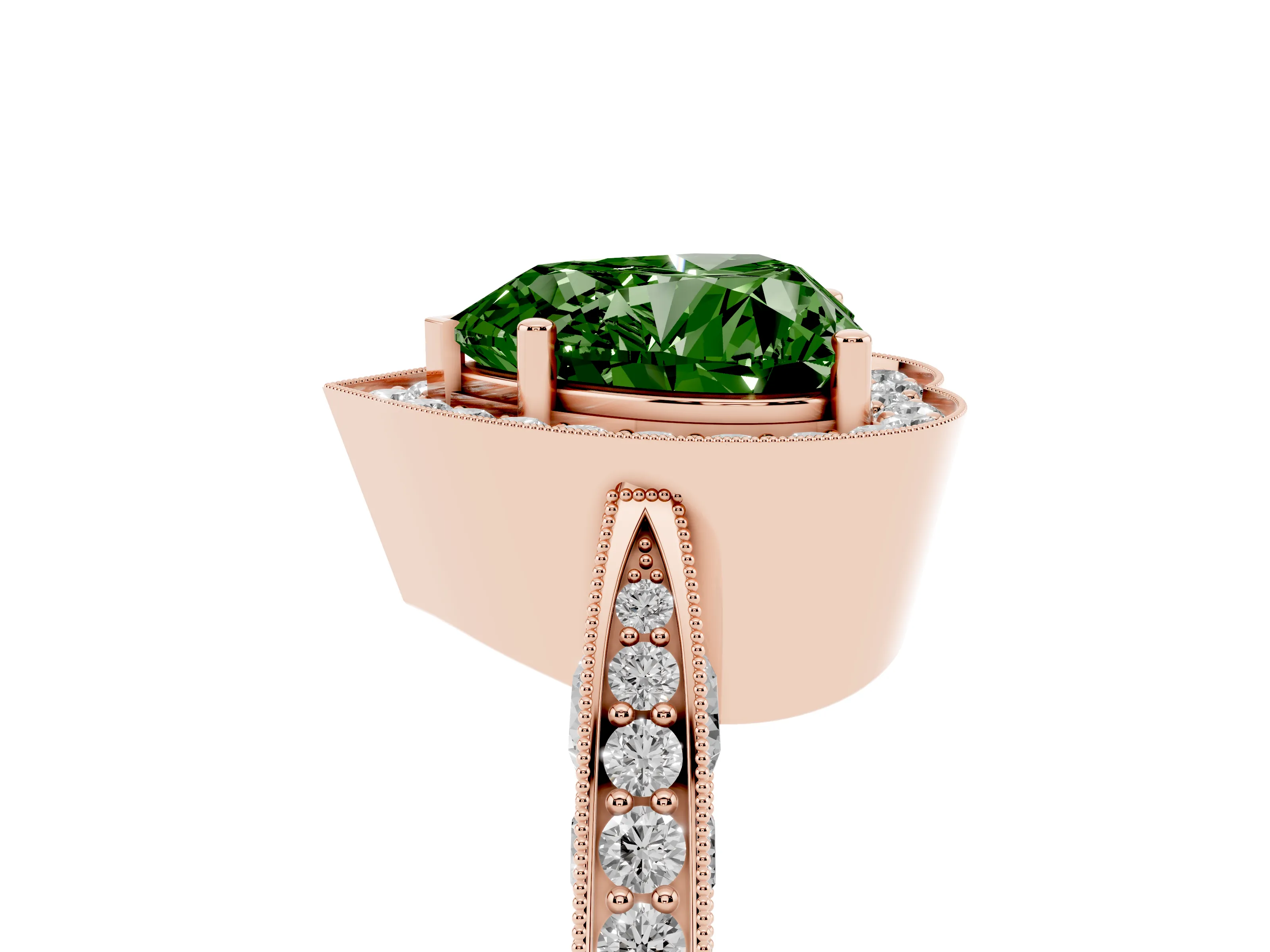Fancy Green Heart Cut Diamond Halo Engagement Ring Set in Rose gold with Accent Split Shank Band