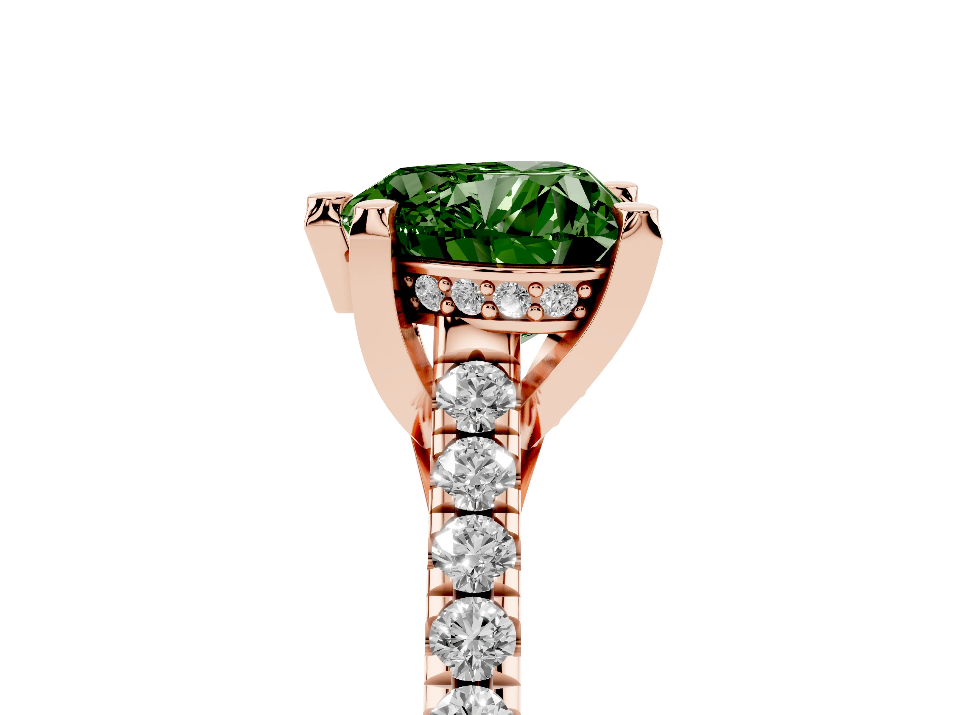 Fancy Green Heart Cut Diamond Solitaire Ring Set in Rose gold with Brilliant Pavé Band and Prong Setting