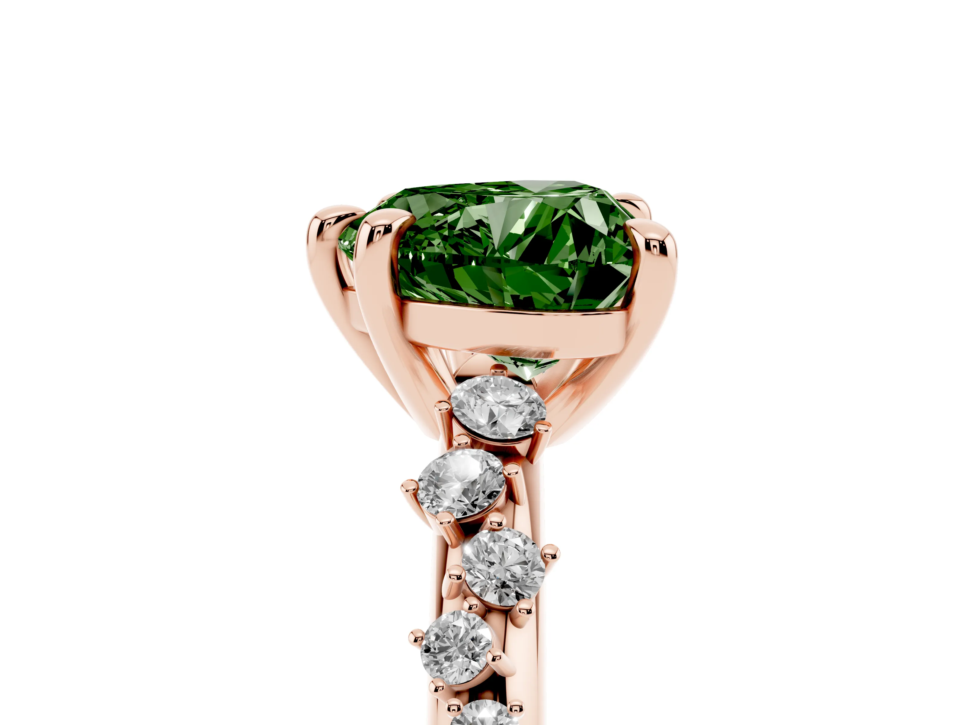 Fancy Green Heart Cut Diamond Solitaire Vine Band Ring Set in Rose gold with Round Accents and Prong Setting
