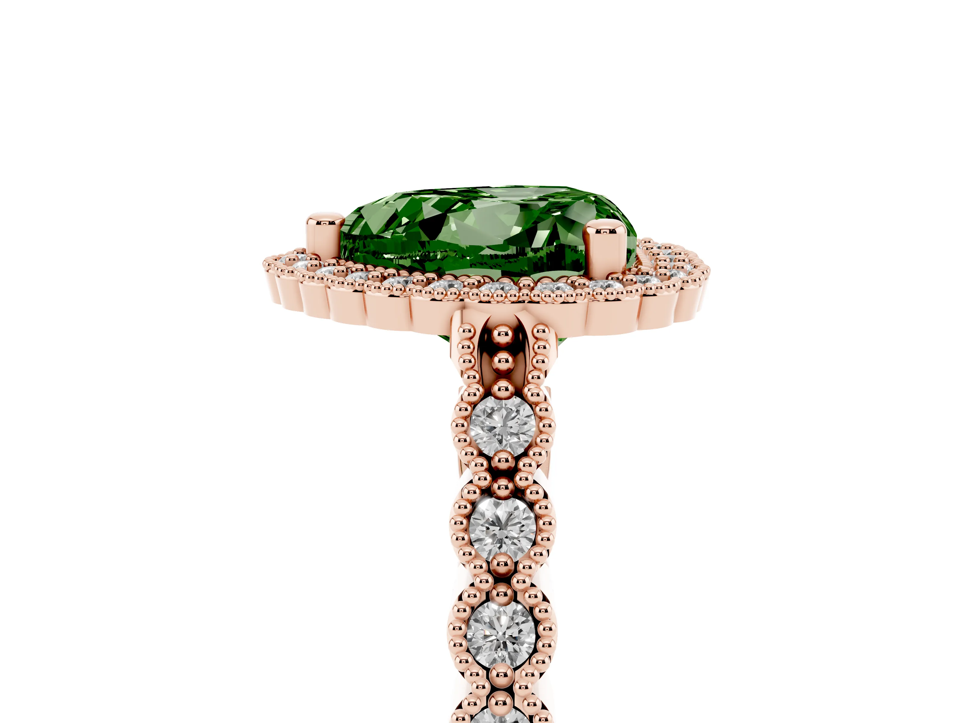 Fancy Green Heart Cut Diamond Halo Ring Set in Rose gold with Pavé Milgrain Band