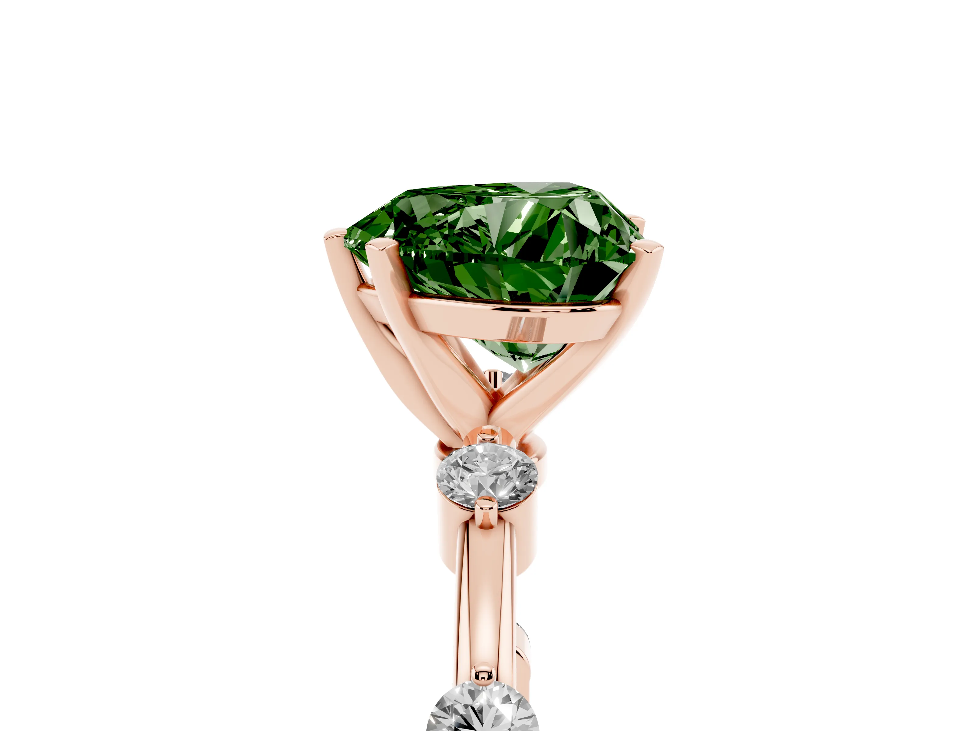 Fancy Green Heart Cut Diamond Solitaire Ring Set in Rose gold with Bezel Set Side Stones and Prong Setting