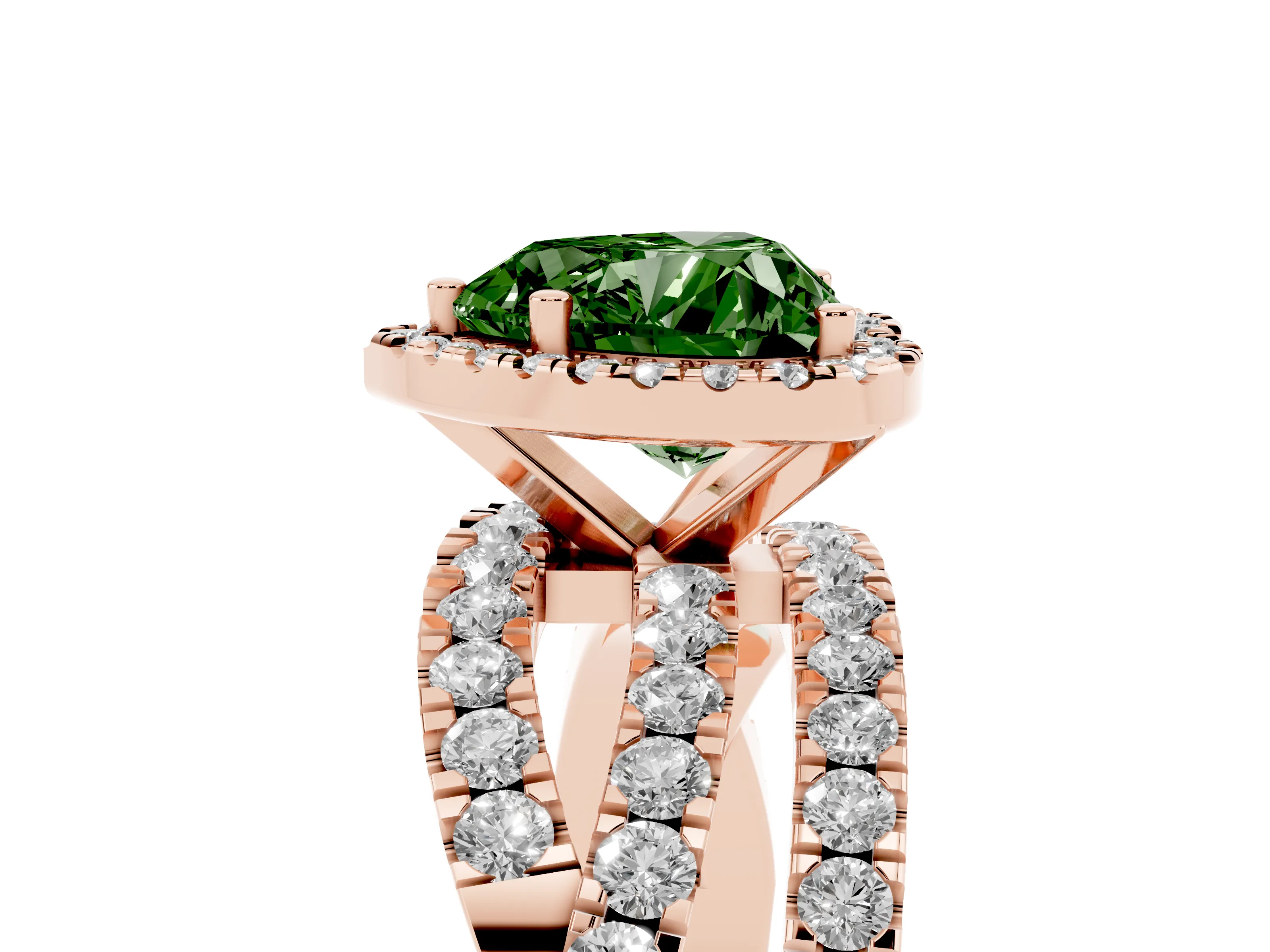 Fancy Green Heart Cut Diamond Halo Ring Set in Rose gold with Round Crossover Split Shank and Prong Setting
